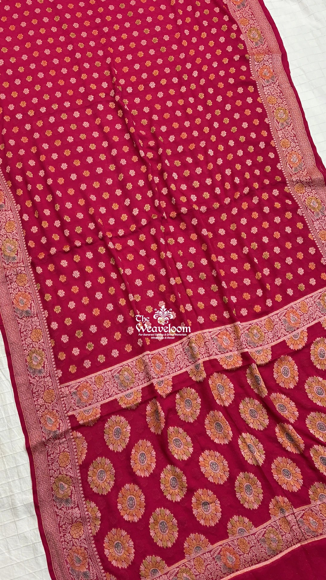 Rani pink handbrush dye floral booti pure Banarasi saree in crepe georgette by The Weaveloom