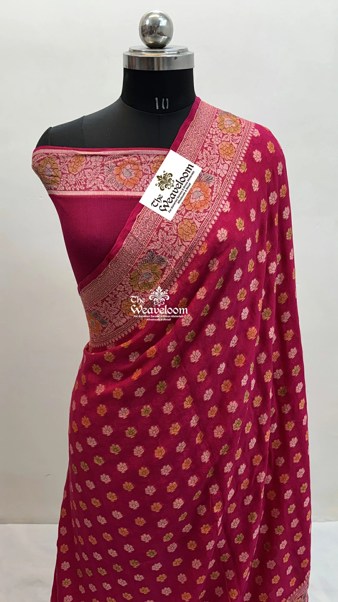 Rani pink handbrush dye floral booti pure Banarasi saree in crepe georgette by The Weaveloom