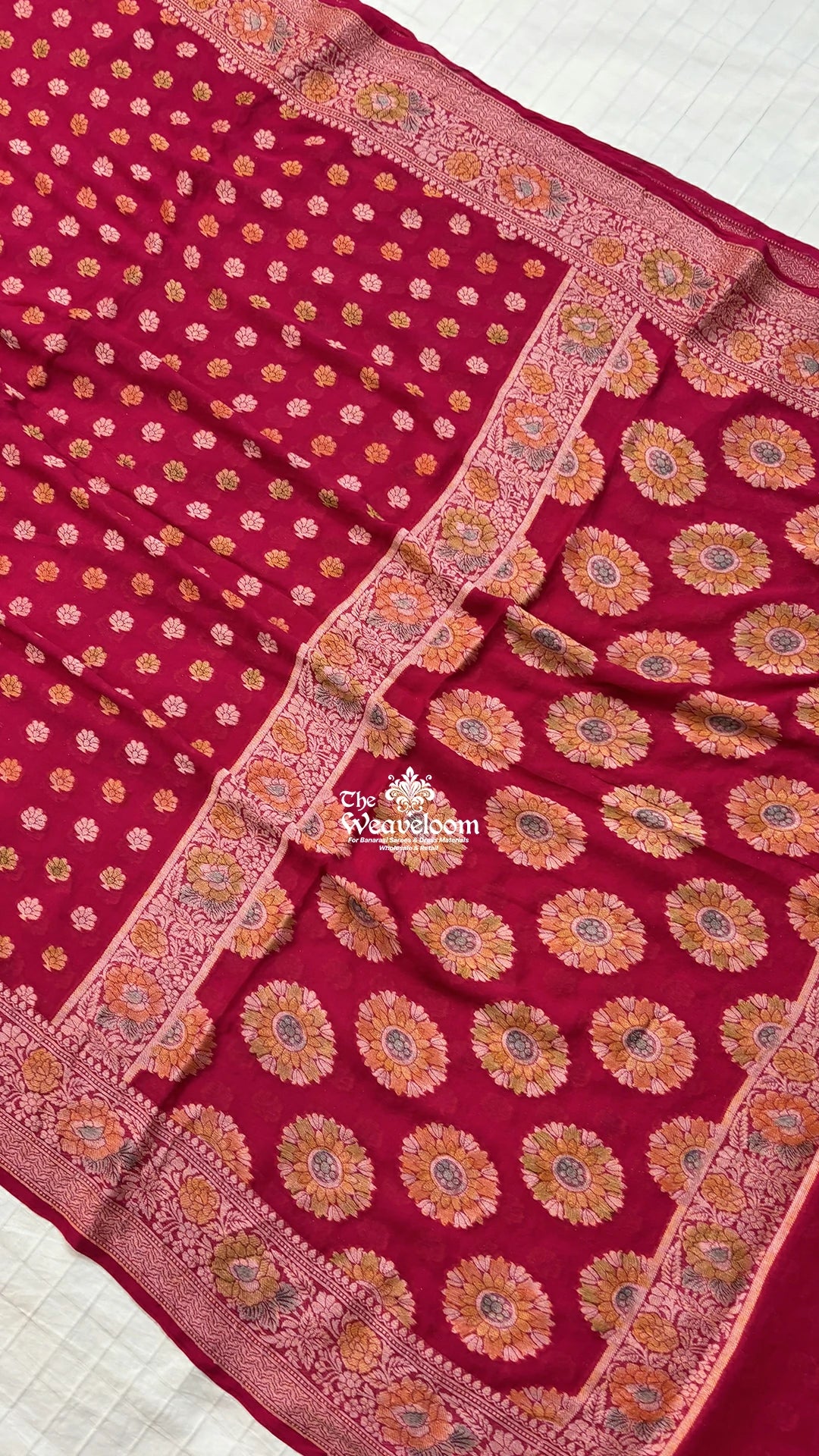 Rani pink handbrush dye floral booti pure Banarasi saree in crepe georgette by The Weaveloom