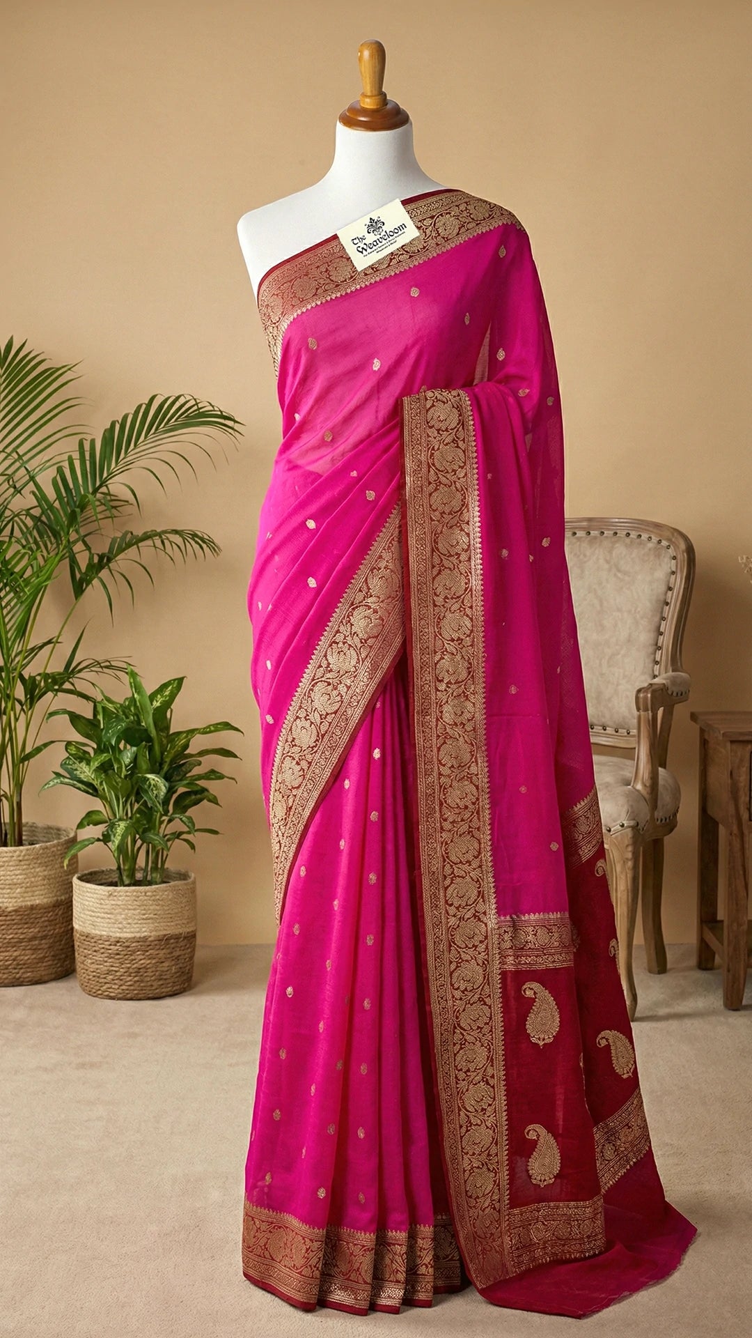 Rani Pink Khaddi Georgette Pure Banarasi Saree with Silver Zari Border and Paisley Pallu by The Weaveloom
