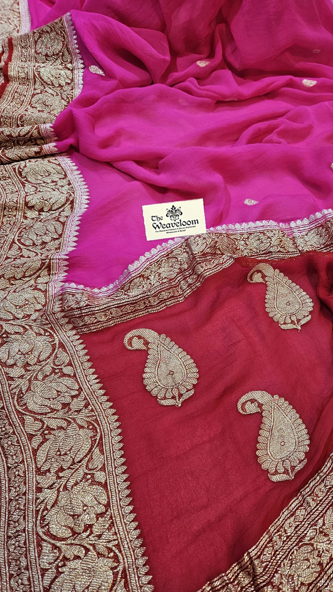 Rani Pink Khaddi Georgette Pure Banarasi Saree with Silver Zari Border and Paisley Pallu by The Weaveloom