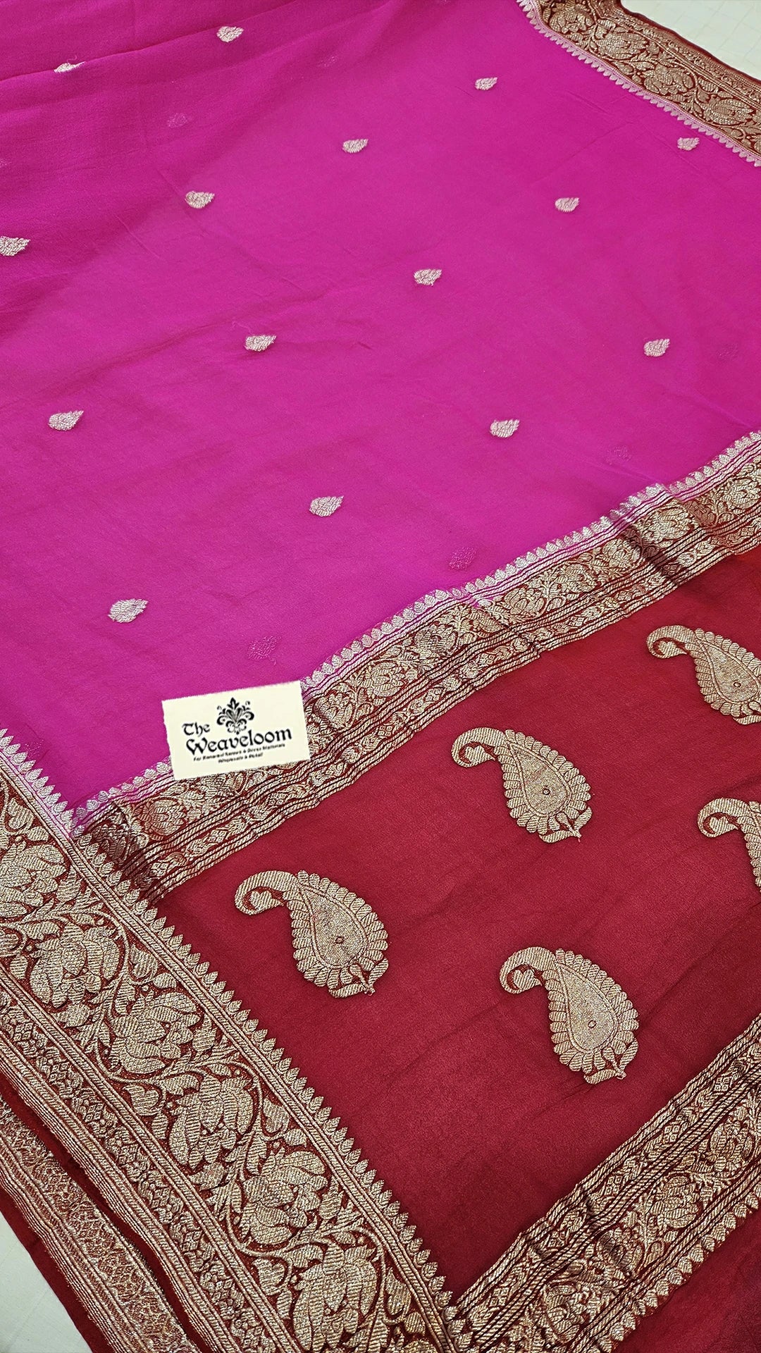 Rani Pink Khaddi Georgette Pure Banarasi Saree with Silver Zari Border and Paisley Pallu by The Weaveloom