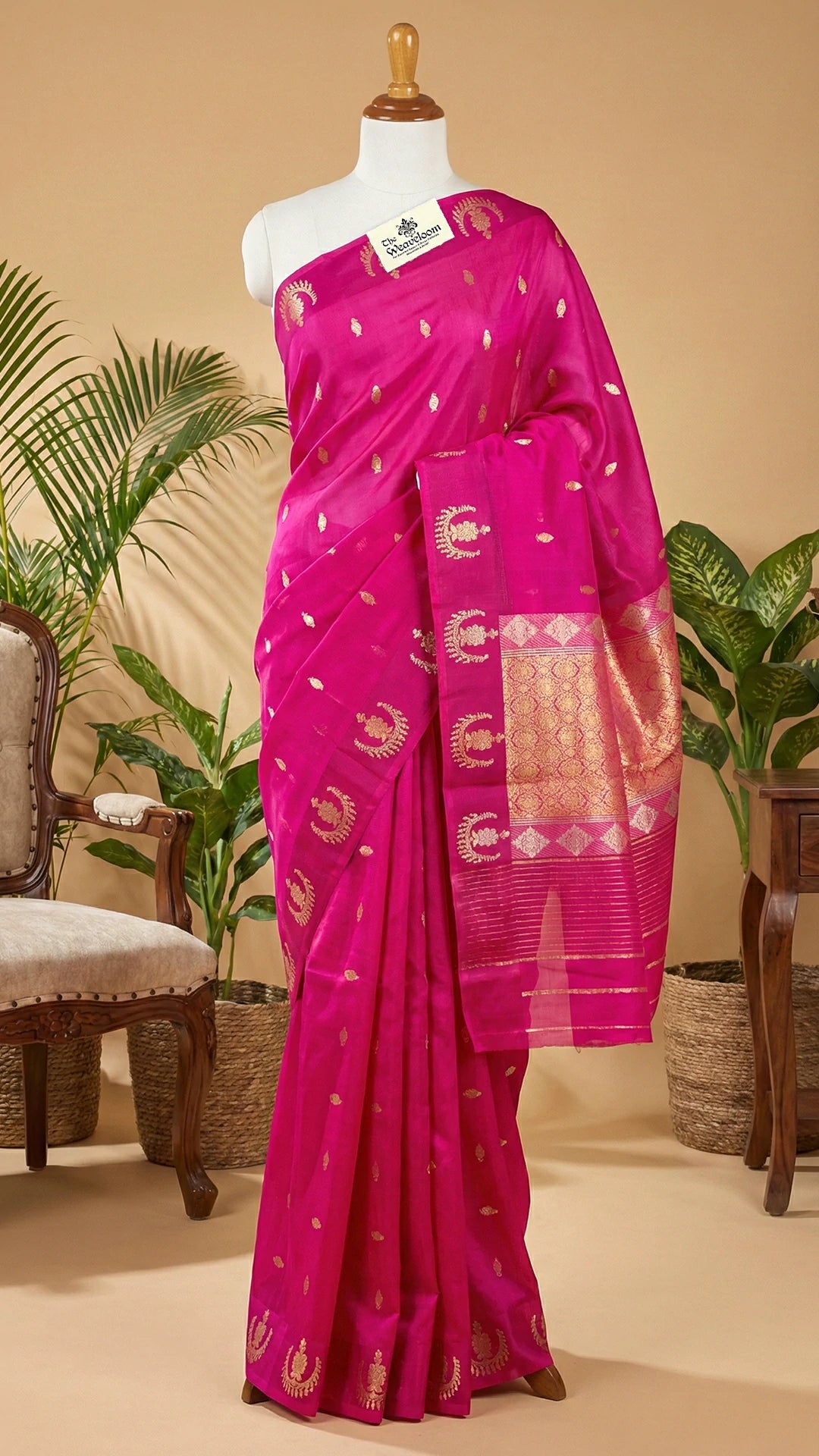 Rani Pink Kora Silk Pure Handloom Banarasi Saree with Sona Rupa Zari Buta by The Weaveloom