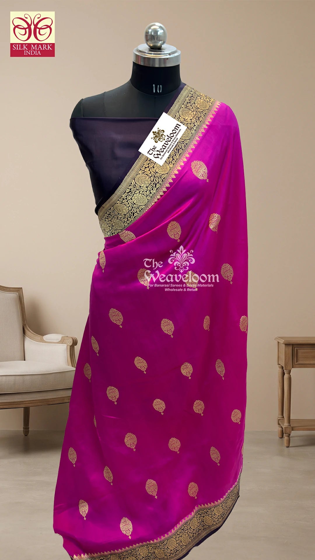 Rani Pink Mango Silk Handloom Banarasi Saree with Zari Buti Motifs by The Weaveloom