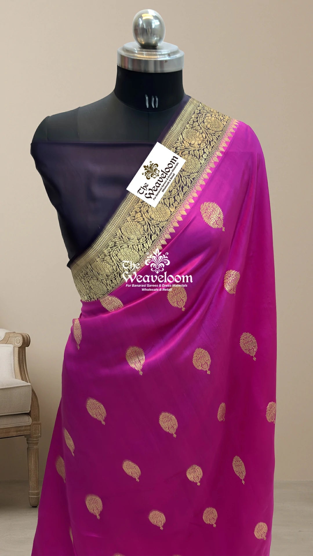 Rani Pink Mango Silk Handloom Banarasi Saree with Zari Buti Motifs by The Weaveloom