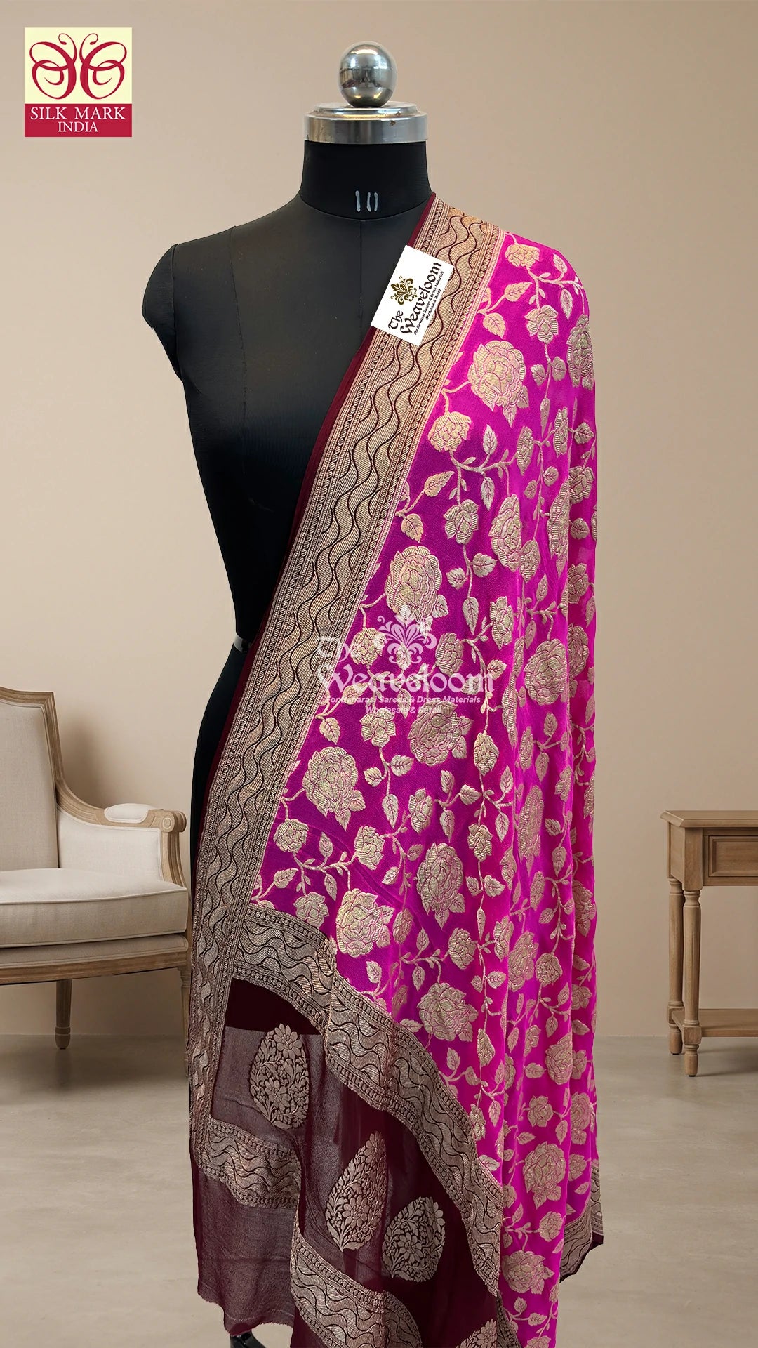 Rani Pink Maroon Rose Jaal Khaddi Georgette Pure Banarasi Dupatta by The Weaveloom