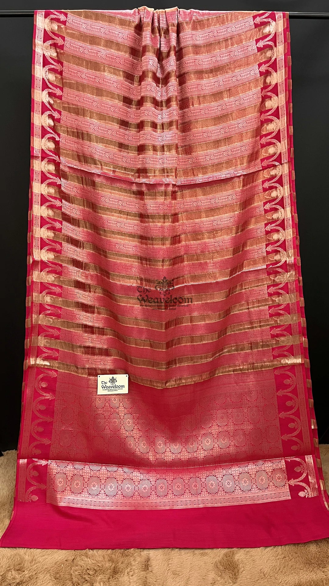Rani Pink Munga Tissue Silk Vine Border Pure Banarasi Saree by The Weaveloom