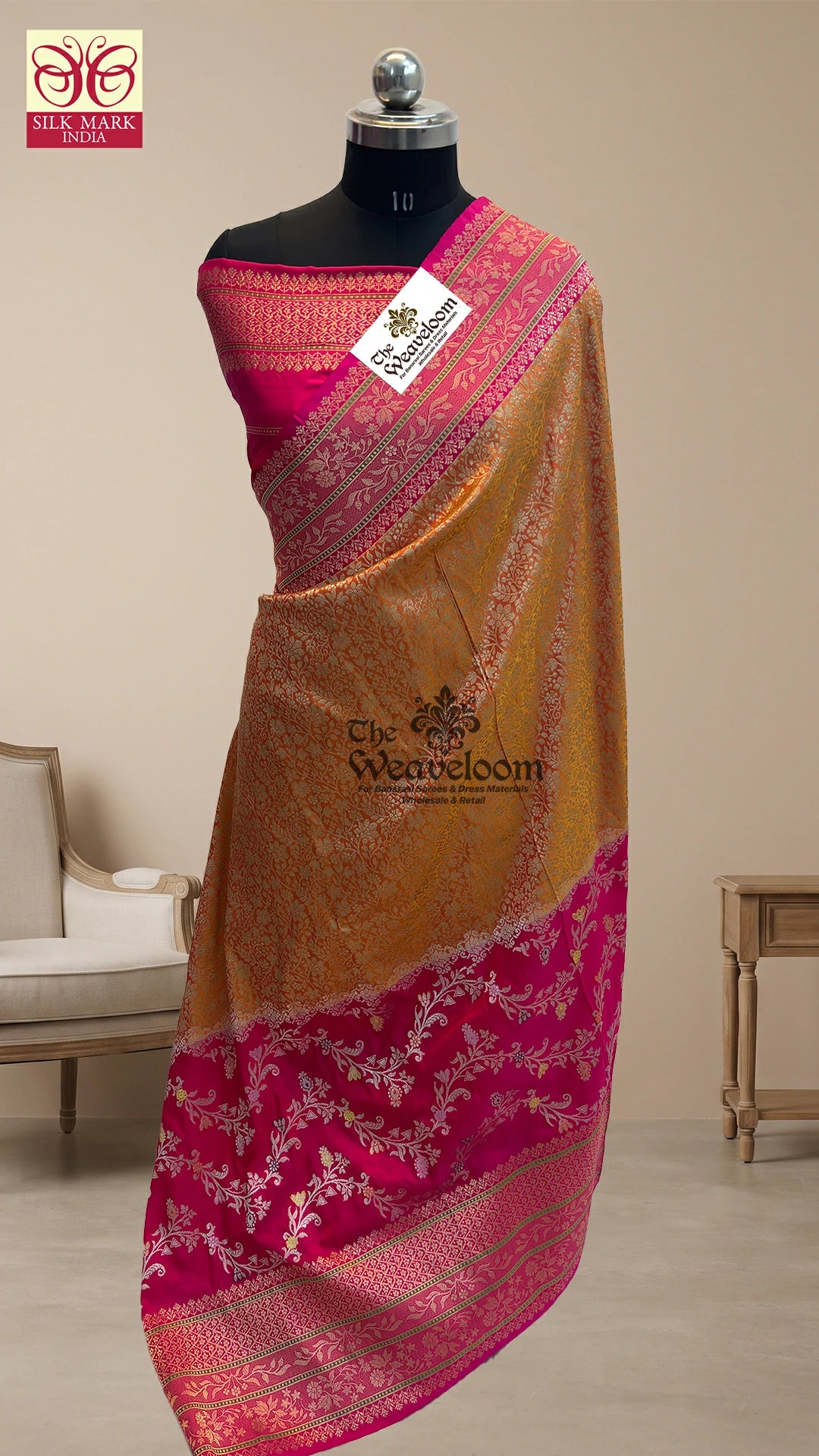 Rani Pink Orange Dual Tone Meenakari Jaal Handloom Katan Silk Pure Banarasi Saree by The Weaveloom