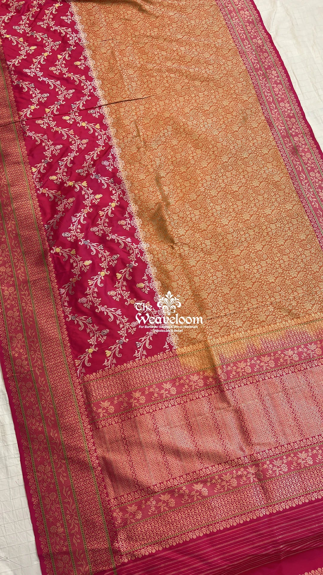Rani Pink Orange Dual Tone Meenakari Jaal Handloom Katan Silk Pure Banarasi Saree by The Weaveloom