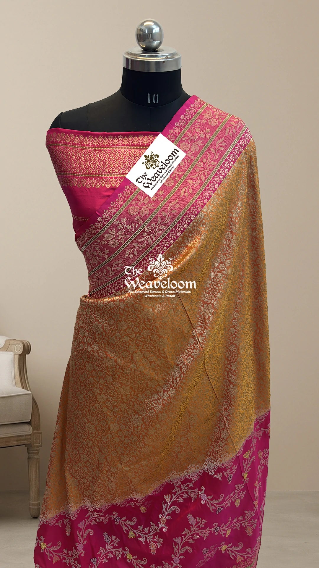 Rani Pink Orange Dual Tone Meenakari Jaal Handloom Katan Silk Pure Banarasi Saree by The Weaveloom