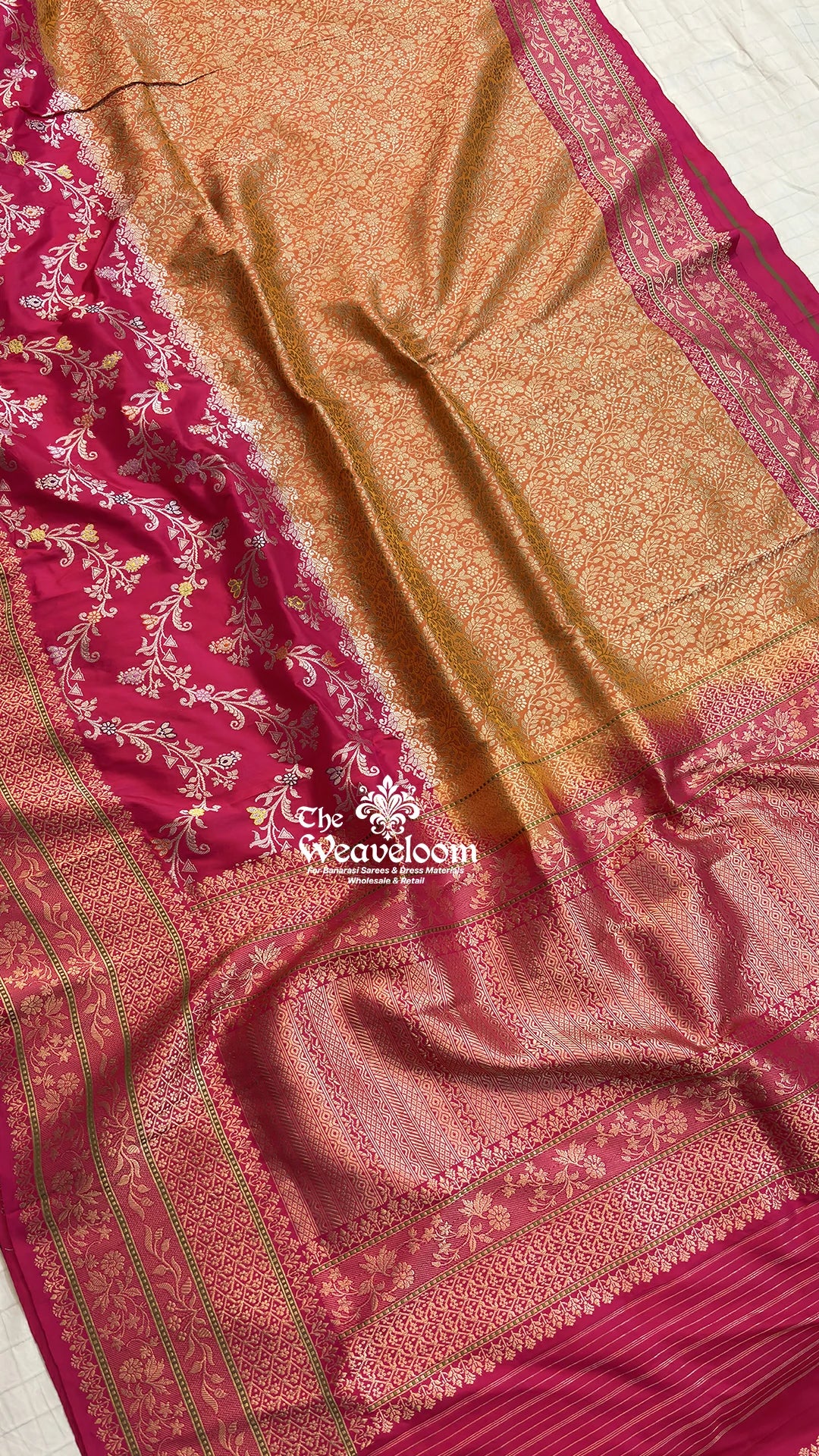 Rani Pink Orange Dual Tone Meenakari Jaal Handloom Katan Silk Pure Banarasi Saree by The Weaveloom