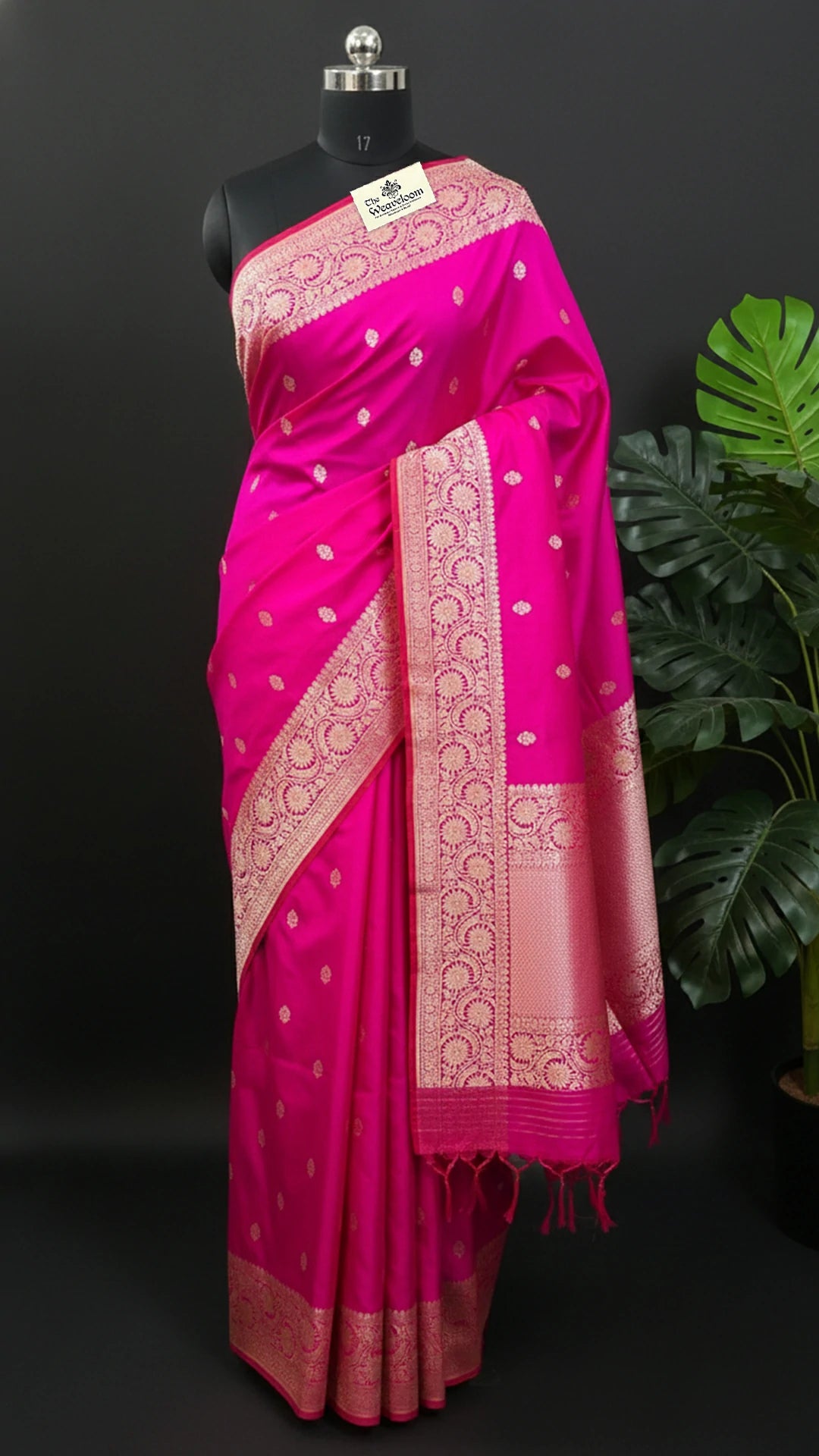 Rani Pink Pure Katan Silk Banarasi Saree With Gold Zari Buta And Floral Border By The Weaveloom