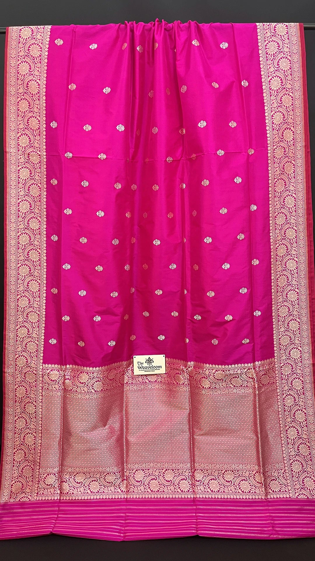 Rani Pink Pure Katan Silk Banarasi Saree With Gold Zari Buta And Floral Border By The Weaveloom