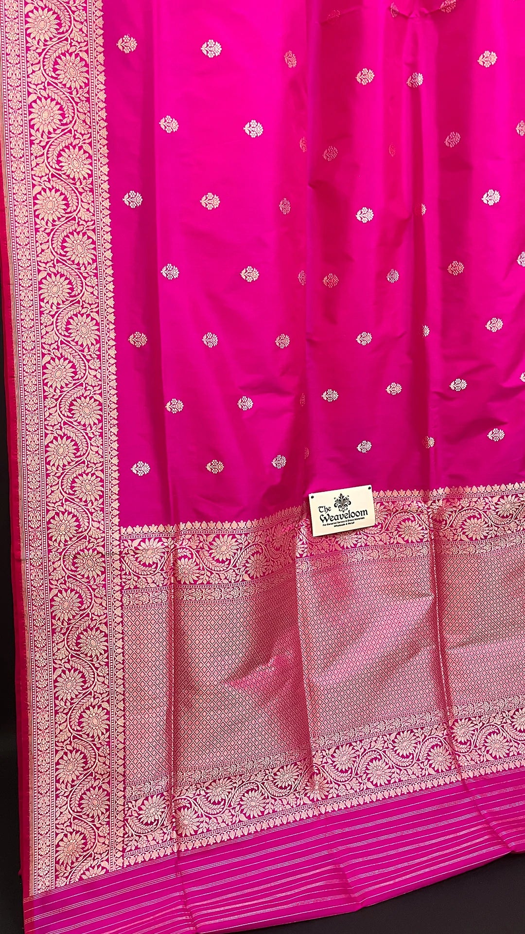 Rani Pink Pure Katan Silk Banarasi Saree With Gold Zari Buta And Floral Border By The Weaveloom