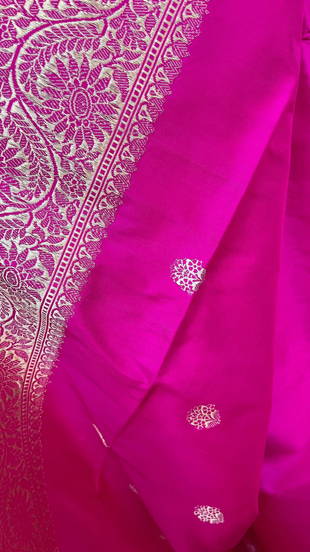 Rani Pink Pure Katan Silk Banarasi Saree With Gold Zari Buta And Floral Border By The Weaveloom