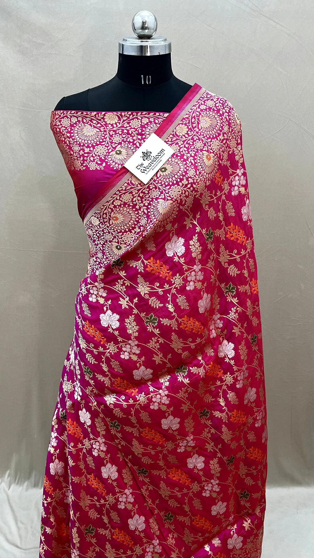 Rani Pink Pure Katan Silk Banarasi Saree With Meenakari by The Weaveloom
