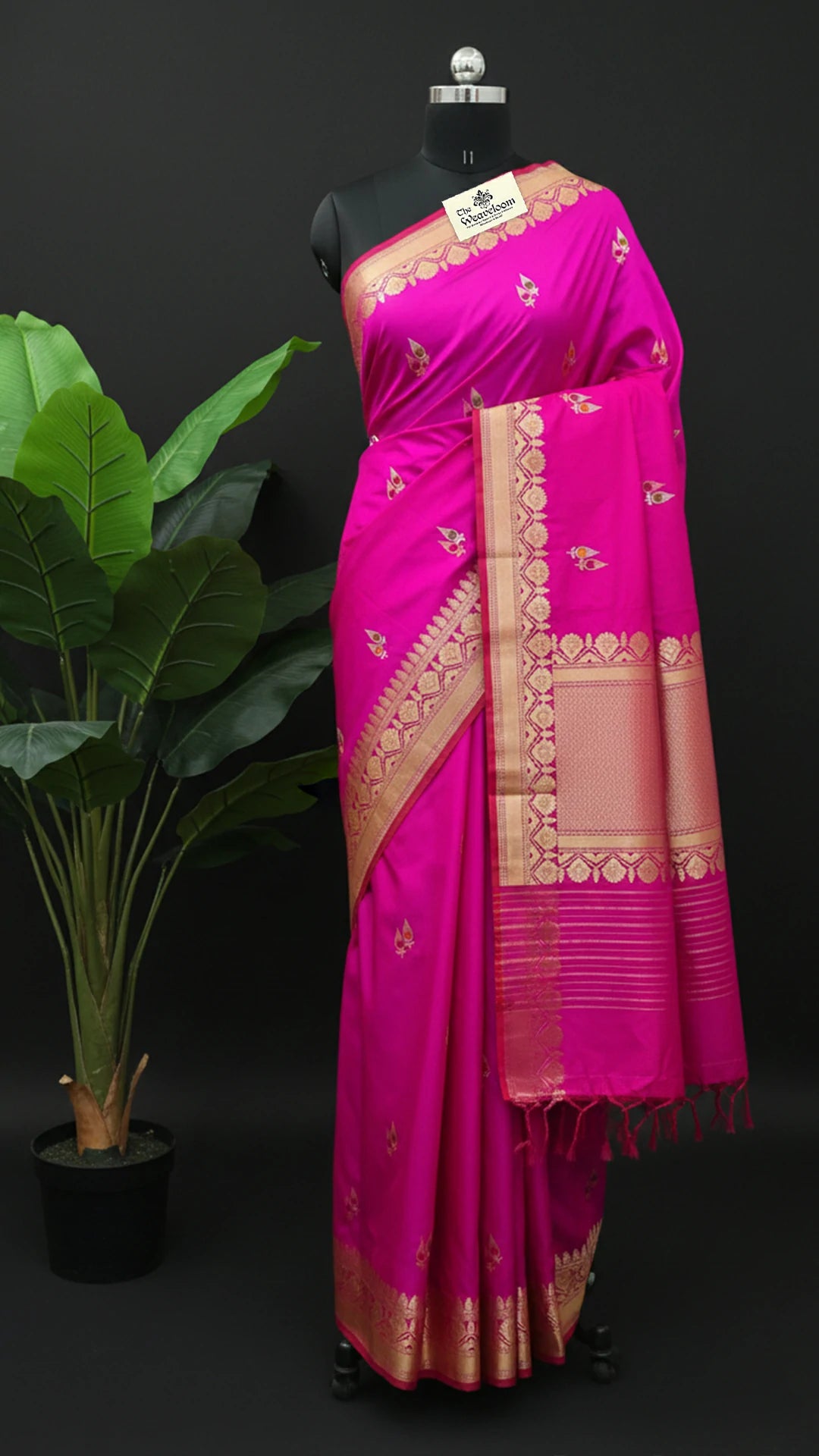 Rani Pink Pure Katan Silk Handloom Banarasi Saree with Meenakari Kadwa Weave by The Weaveloom