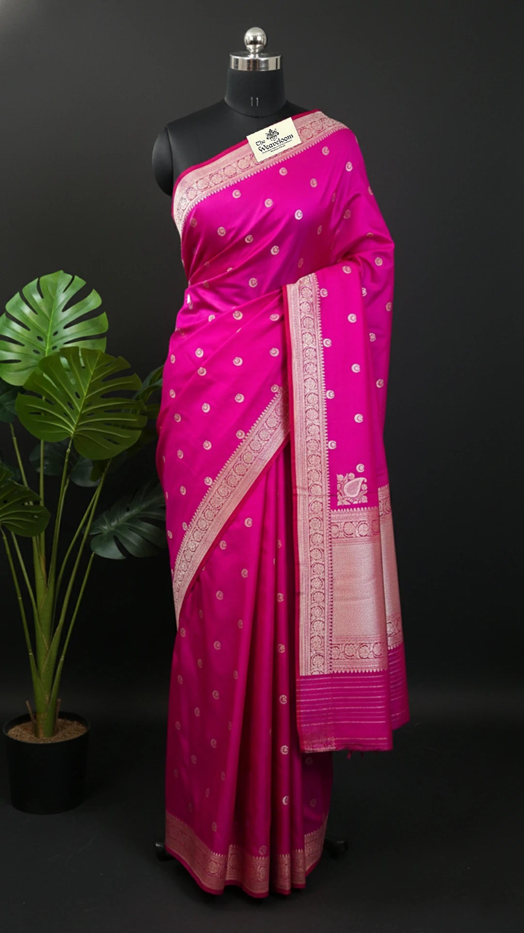 Rani Pink Pure Katan Silk Handloom Banarasi Saree with Chand Tara Motifs by The Weaveloom