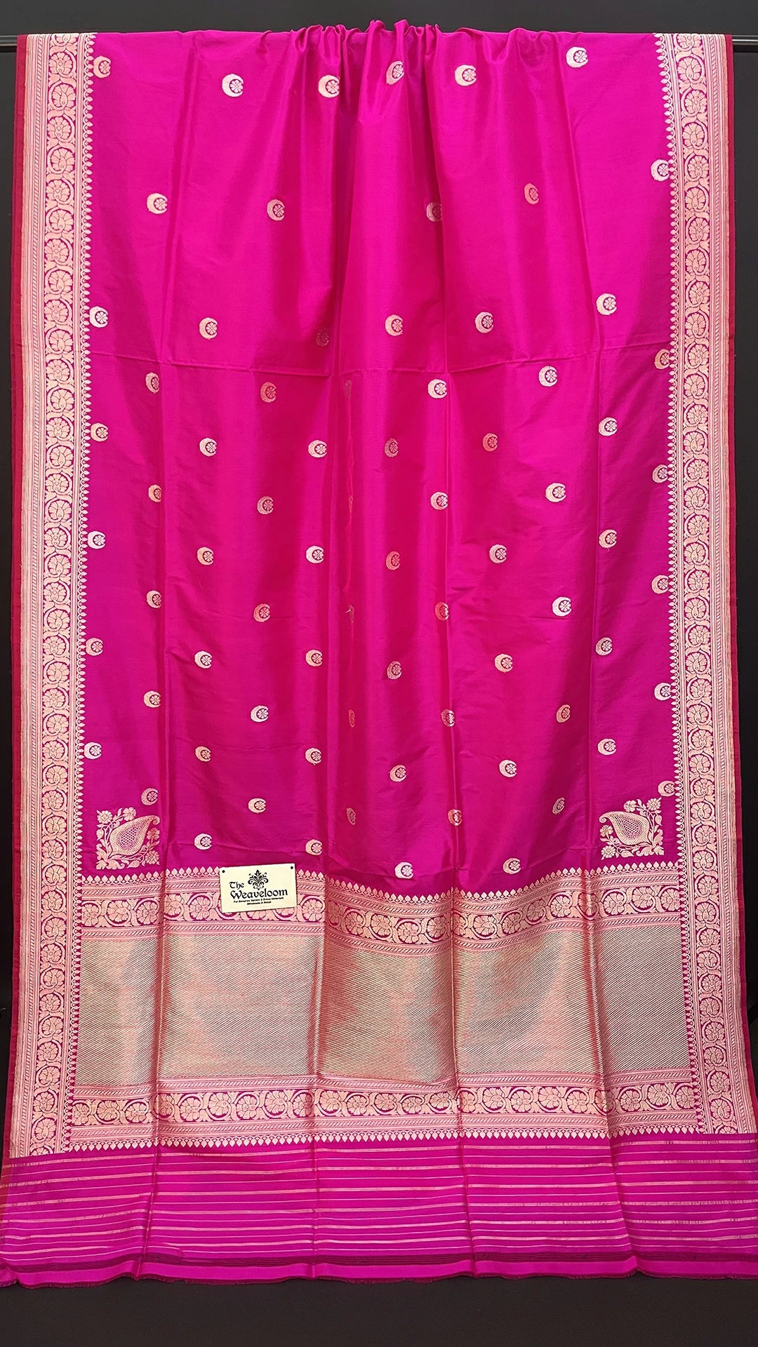 Rani Pink Pure Katan Silk Handloom Banarasi Saree with Chand Tara Motifs by The Weaveloom