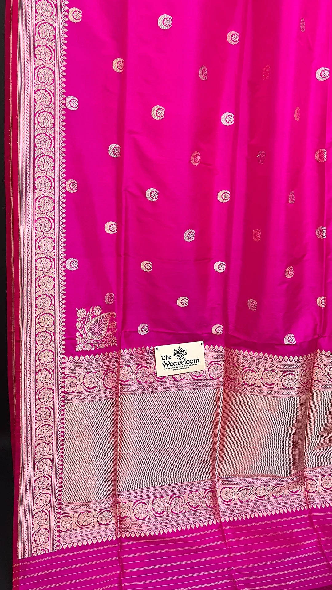Rani Pink Pure Katan Silk Handloom Banarasi Saree with Chand Tara Motifs by The Weaveloom