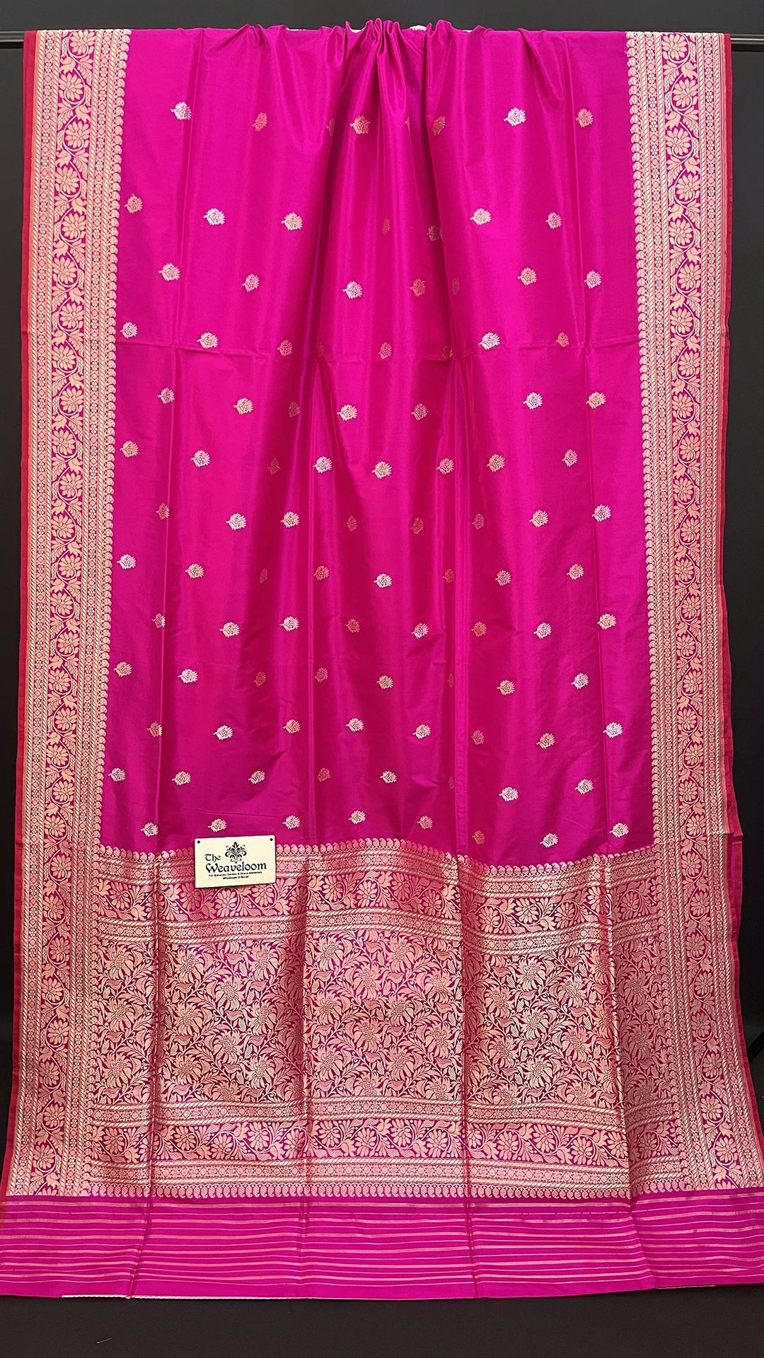 Rani Pink Pure Katan Silk Handloom Banarasi Saree with Floral Kadwa Zari Border by The Weaveloom