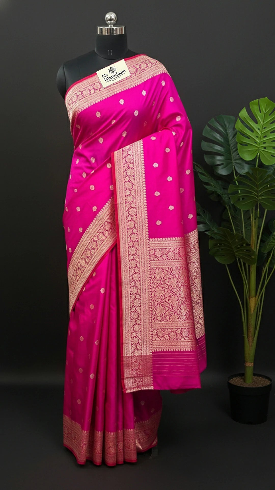 Rani Pink Pure Katan Silk Handloom Banarasi Saree with Floral Kadwa Zari Border by The Weaveloom