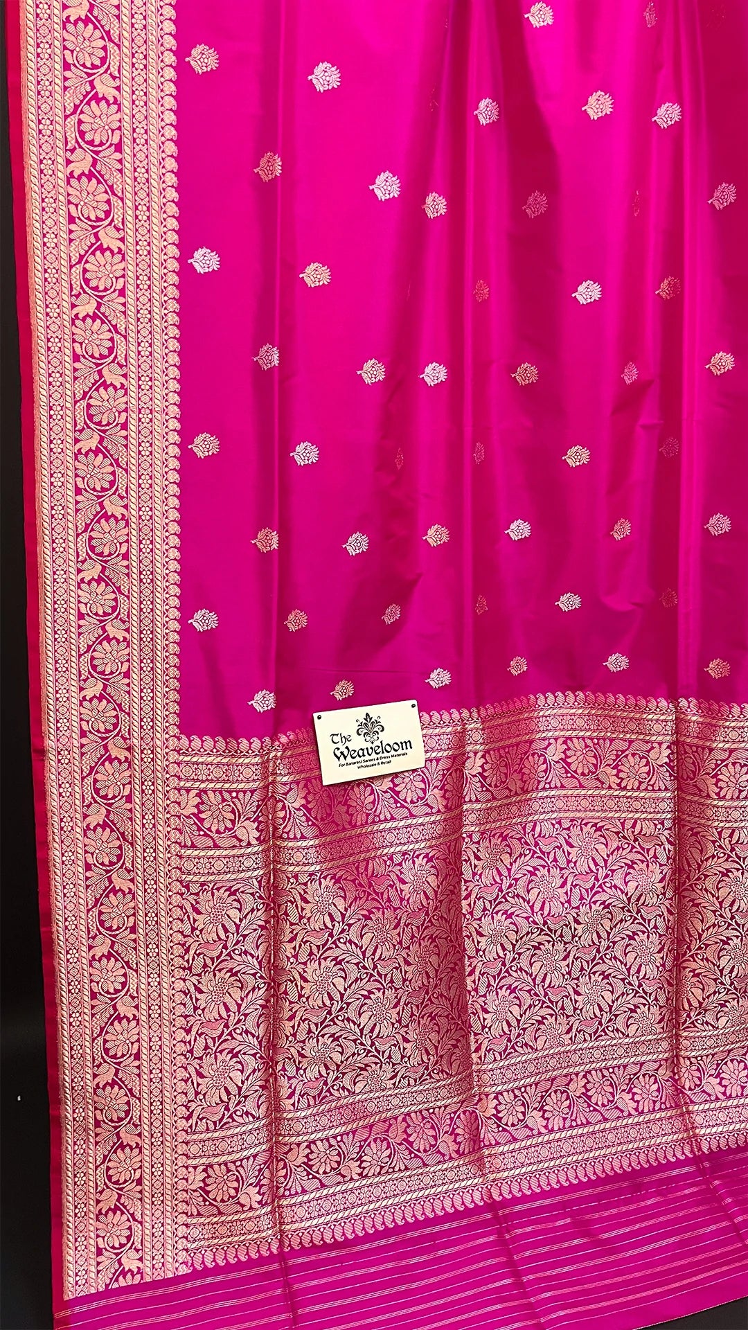 Rani Pink Pure Katan Silk Handloom Banarasi Saree with Floral Kadwa Zari Border by The Weaveloom