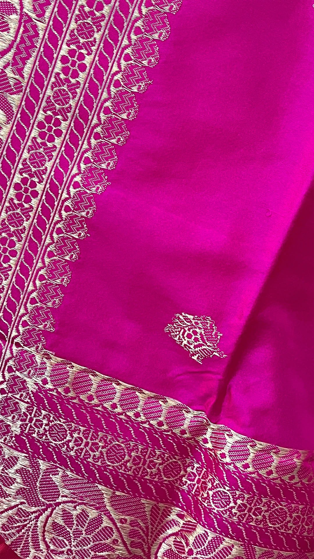 Rani Pink Pure Katan Silk Handloom Banarasi Saree with Floral Kadwa Zari Border by The Weaveloom