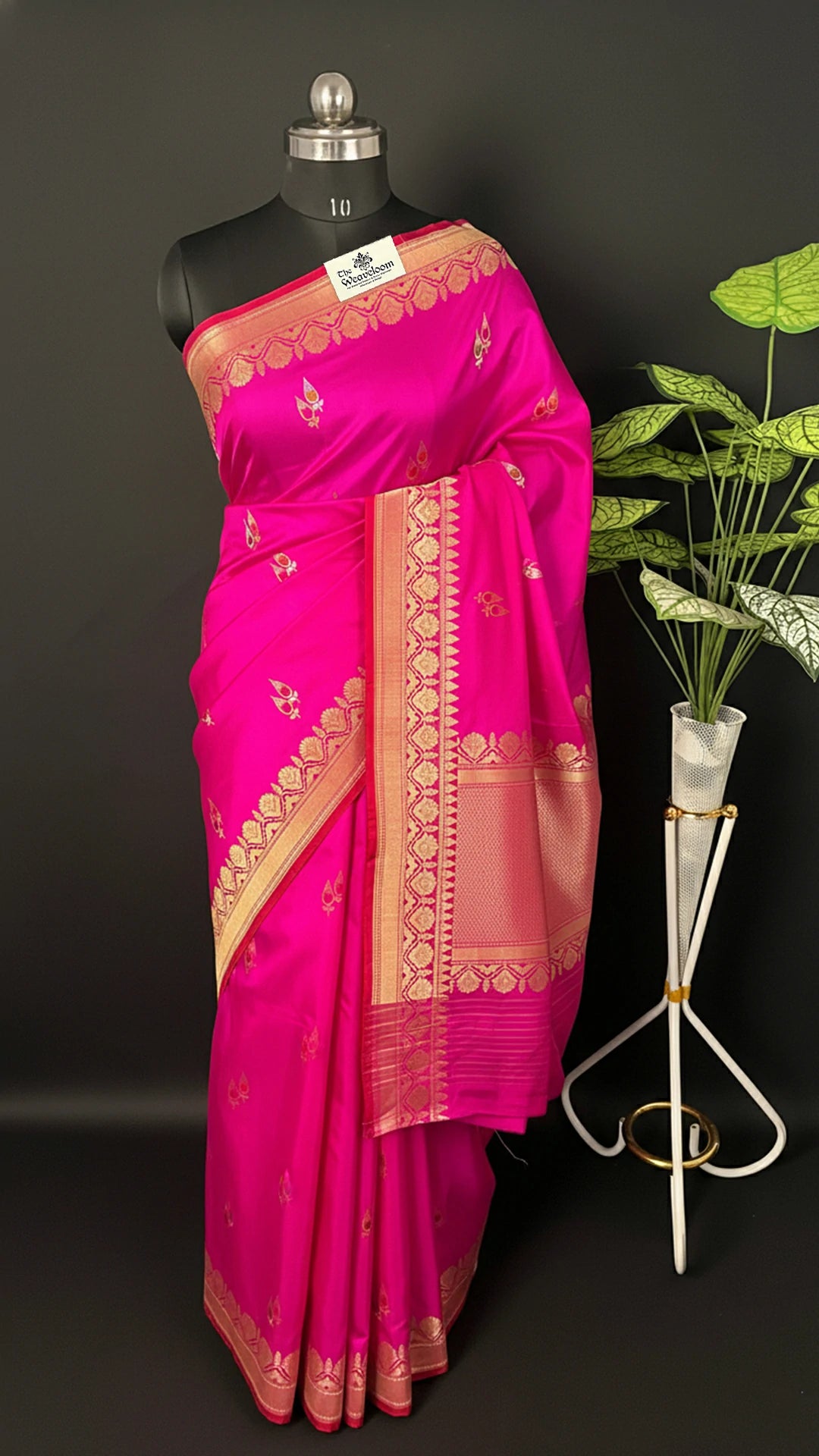 Rani - Pure Katan Silk Meenakari Banarasi Saree Rani Pink with Gold Jaal & Meenakari Butas - The Weaveloom