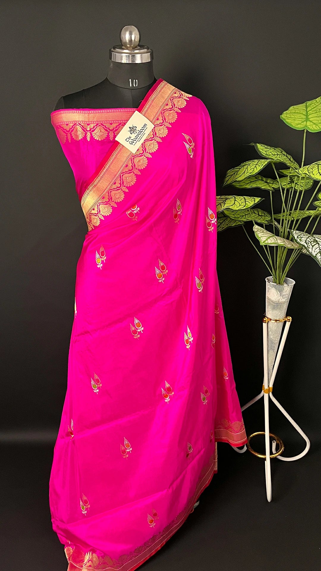 Rani - Pure Katan Silk Meenakari Banarasi Saree Rani Pink with Gold Jaal & Meenakari Butas - The Weaveloom