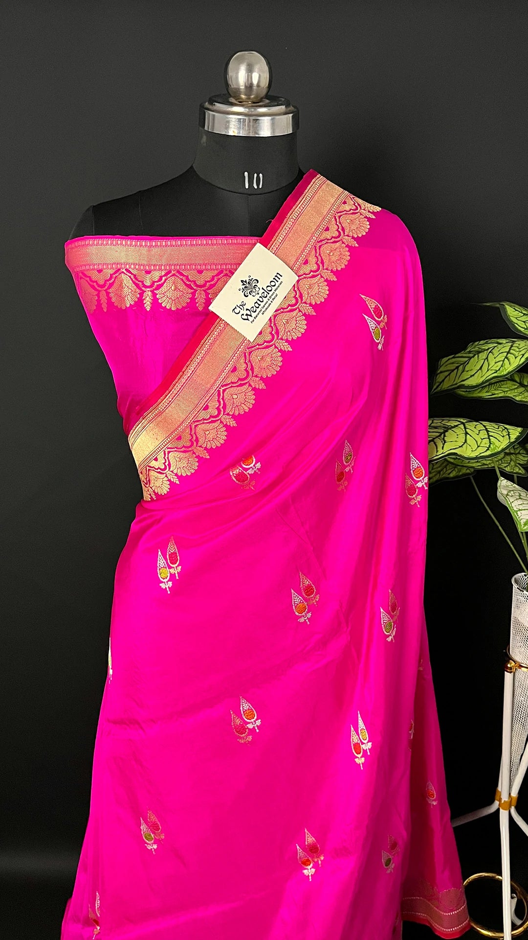 Rani - Pure Katan Silk Meenakari Banarasi Saree Rani Pink with Gold Jaal & Meenakari Butas - The Weaveloom
