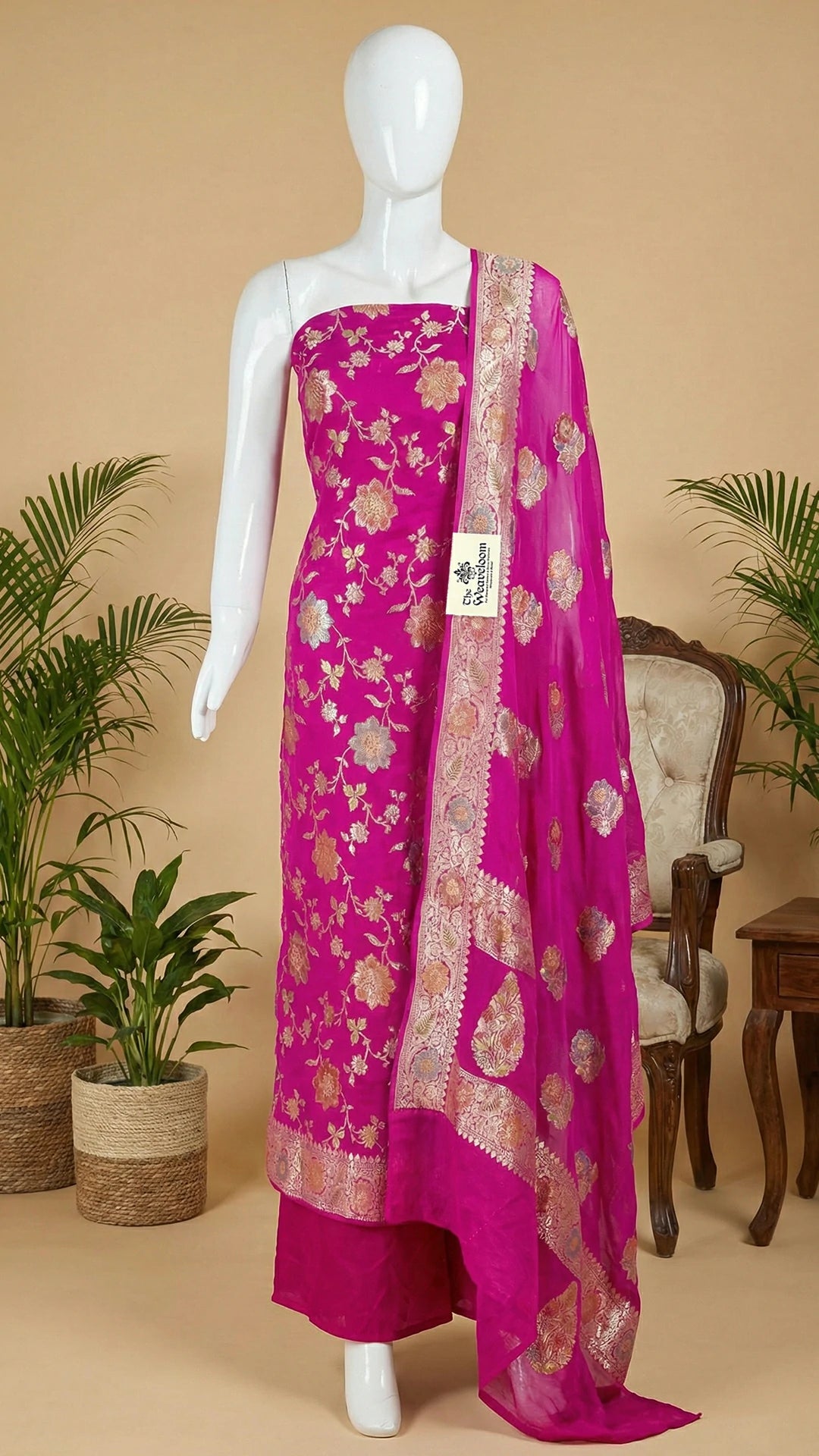 Rani Pink Pure Khaddi Georgette Banarasi Dress Material with Water Zari Floral Jaal by The Weaveloom