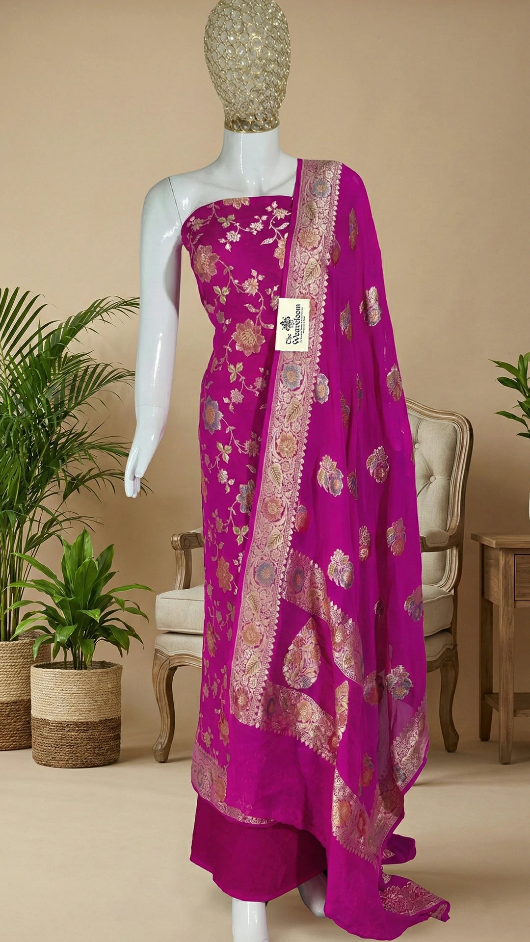 Rani Pink Pure Khaddi Georgette Banarasi Dress Material Floral Jaal Work by The Weaveloom