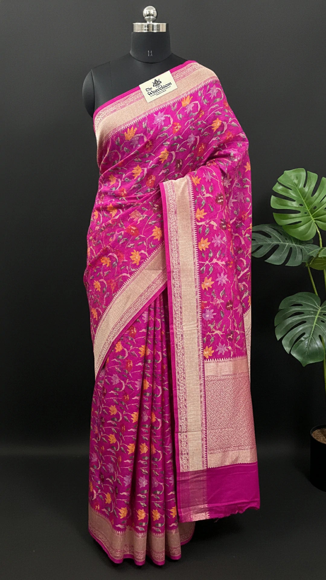 Rani Pink Pure Munga Silk Meenakari Banarasi Saree with Floral Jaal Work – The Weaveloom