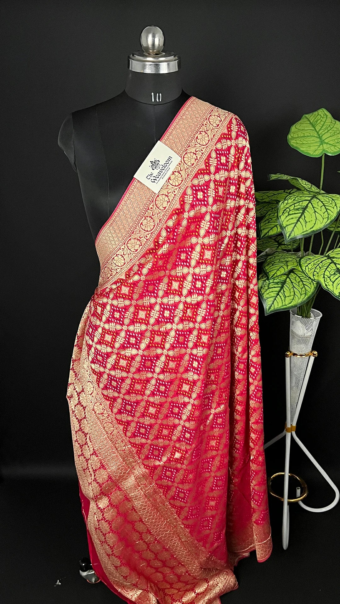 Rani Pink Pure Viscose Georgette Bandhej Meenakari Dupatta with Gold Zari Border - The Weaveloom