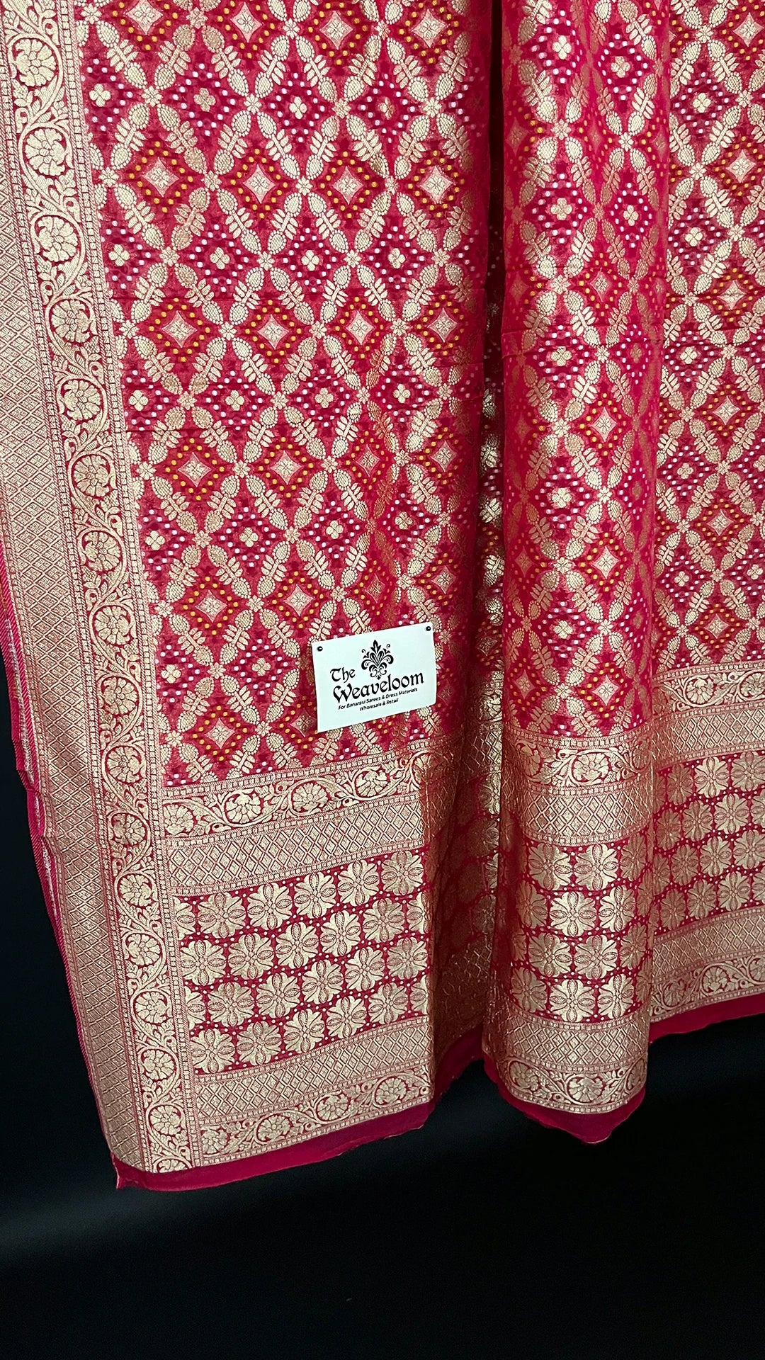 Rani Pink Pure Viscose Georgette Bandhej Meenakari Dupatta with Gold Zari Border - The Weaveloom