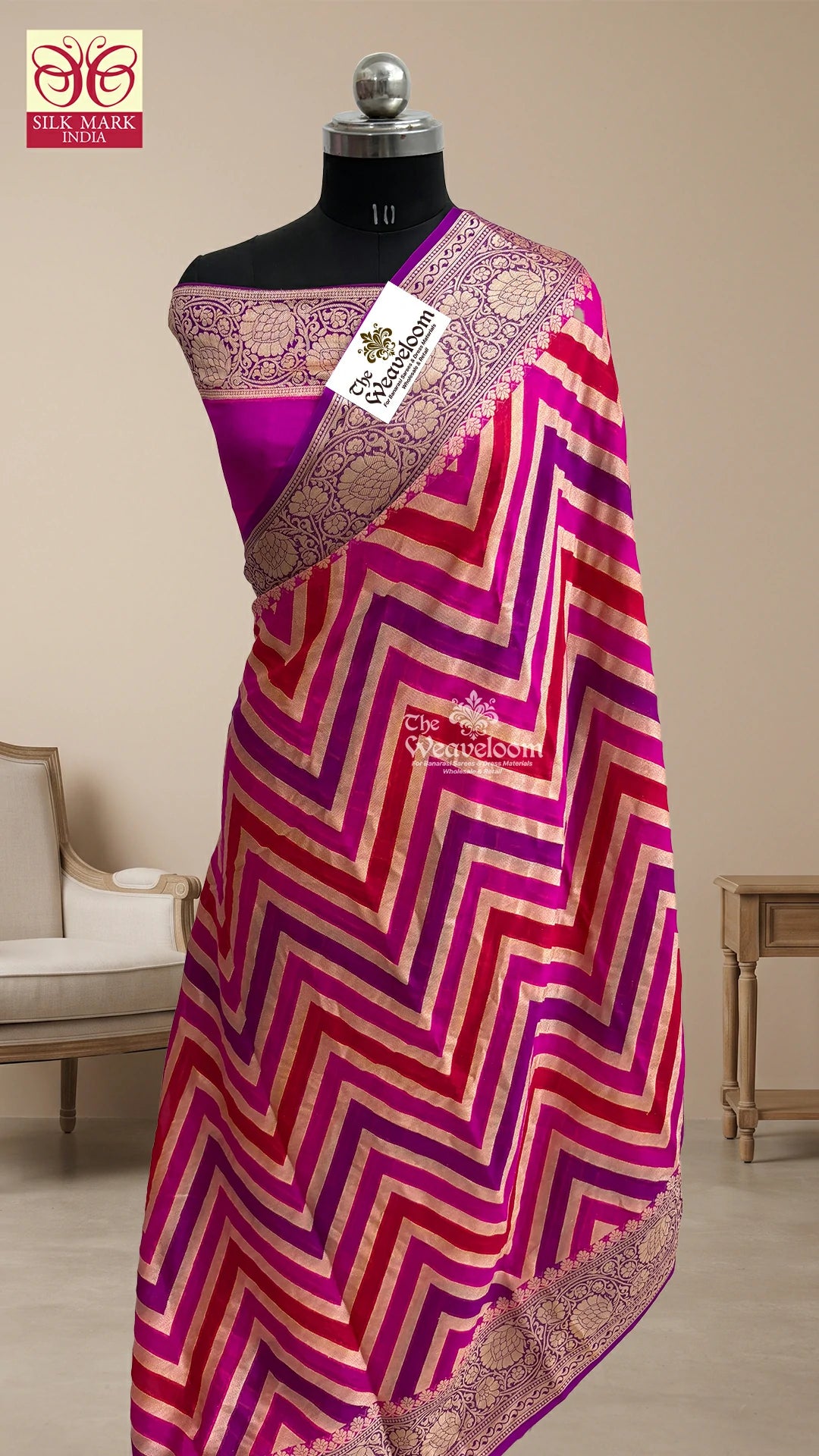 Rani Pink Rangkat Multicolor Chevron Zigzag Crepe Georgette Pure Banarasi Saree by The Weaveloom
