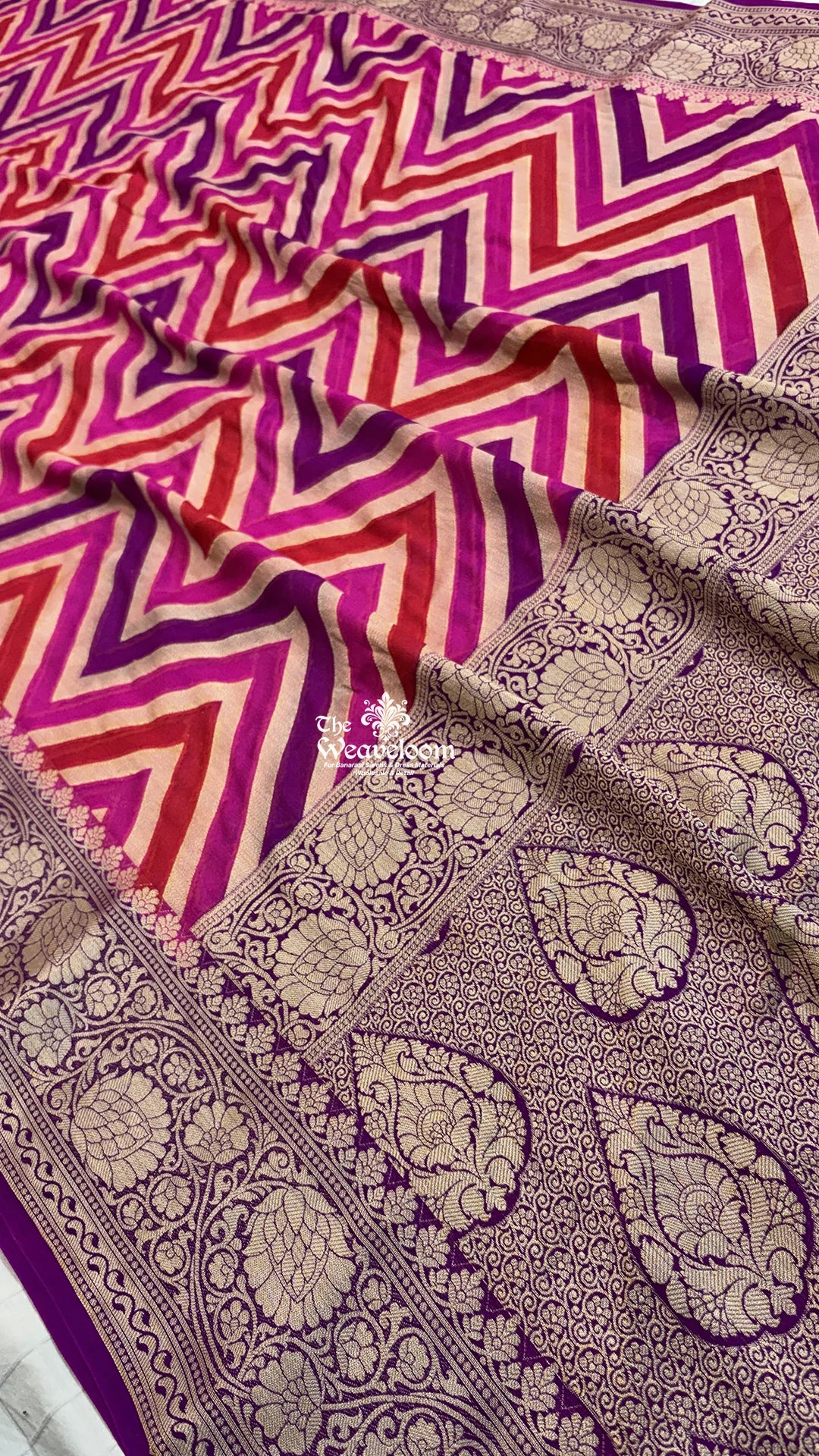 Rani Pink Crepe Georgette Rangkat Multicolor Chevron Zigzag Pure Banarasi Saree
