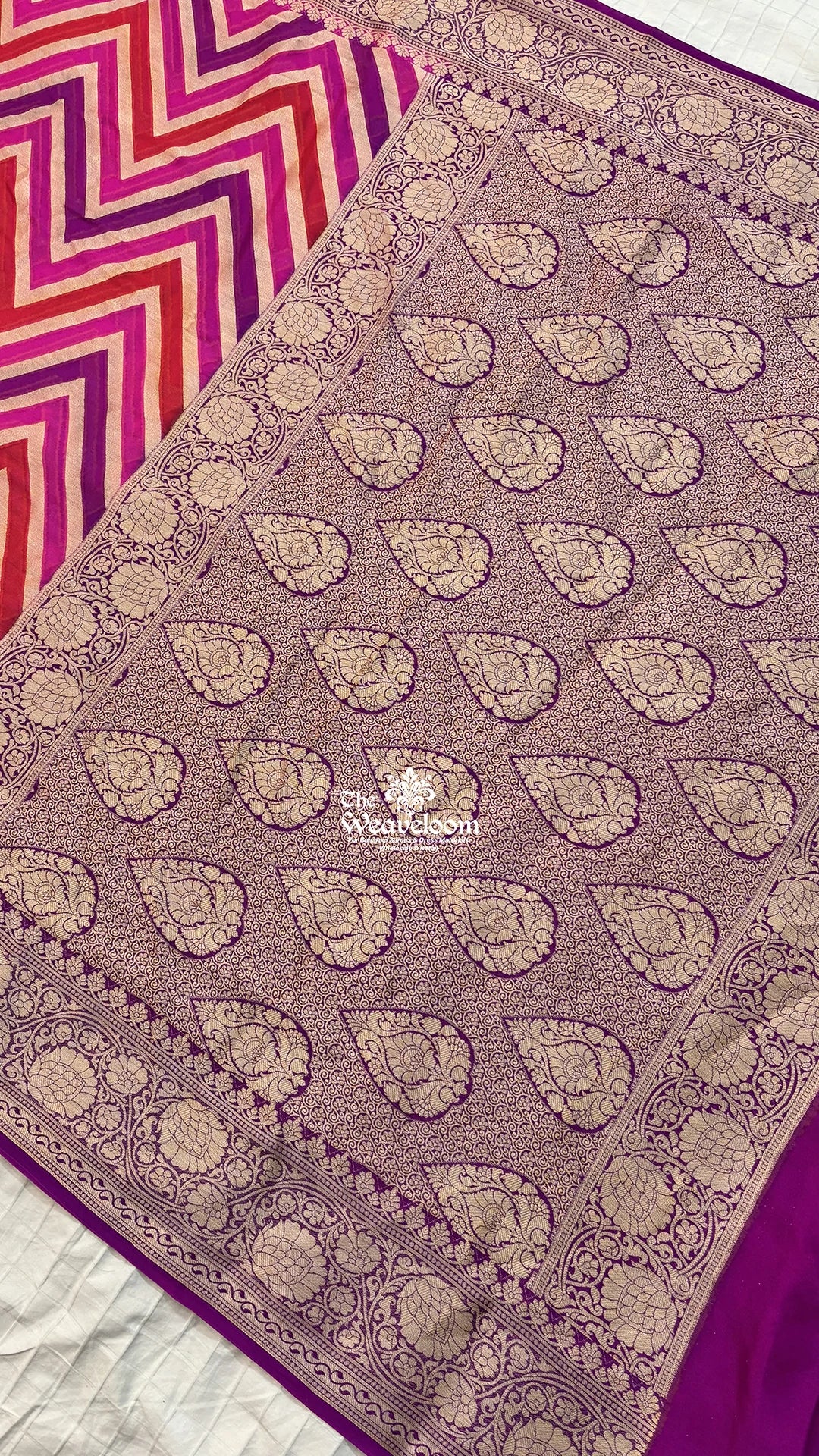 Rani Pink Rangkat Multicolor Chevron Zigzag Crepe Georgette Pure Banarasi Saree by The Weaveloom