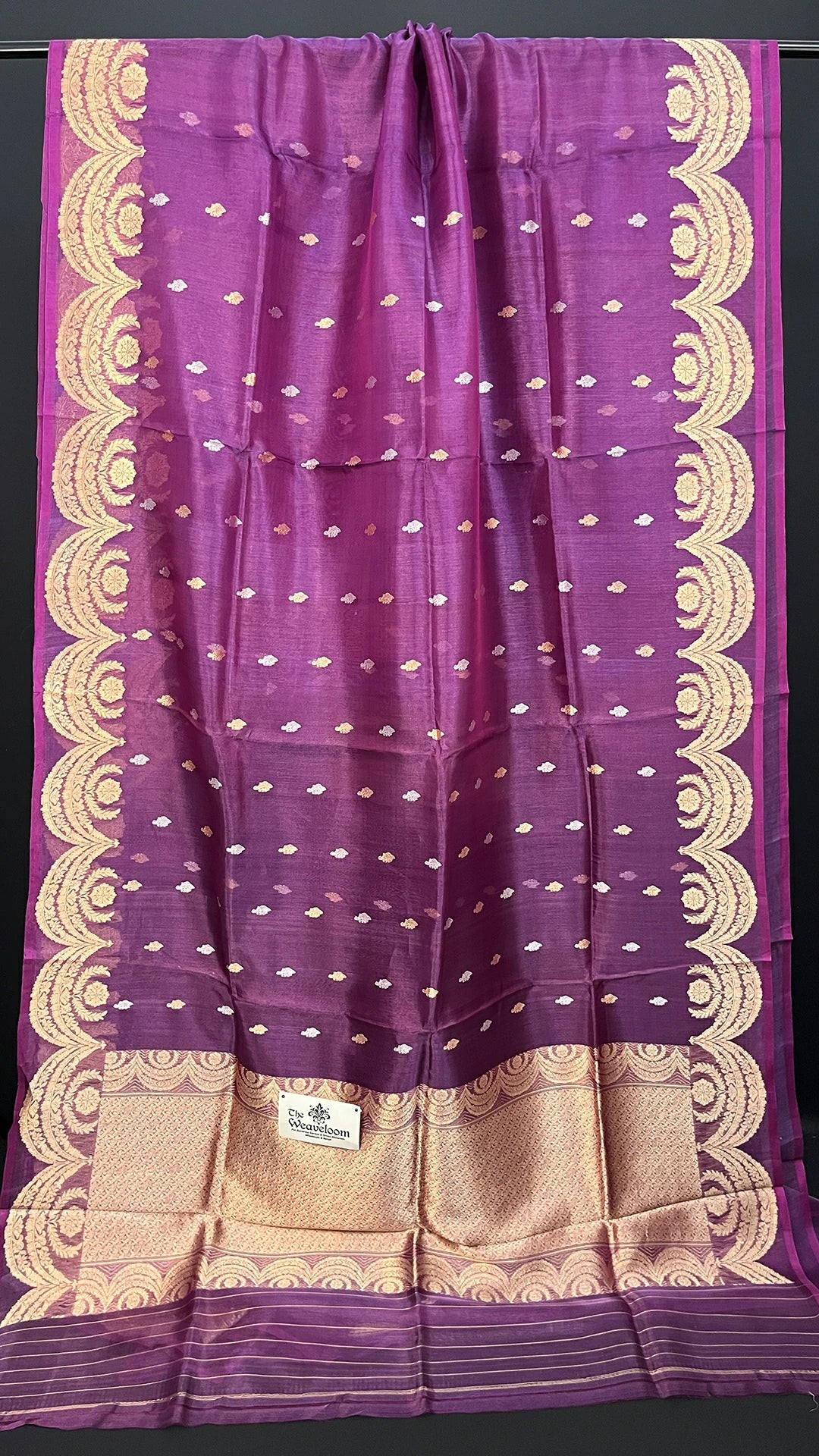 Rani Pink Tissue Silk Kadwa Handloom Pure Banarasi Saree With Golden Zari Border Sona Rupa Motifs – The Weaveloom