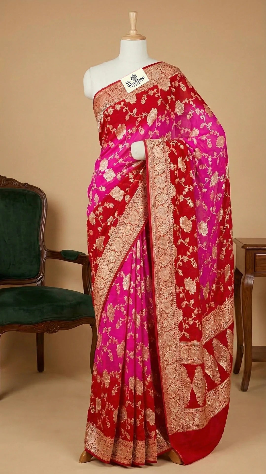 Rani & Red Dual Color Pure Crepe Georgette Banarasi Saree with Golden Zari Floral Jaal Work by The Weaveloom