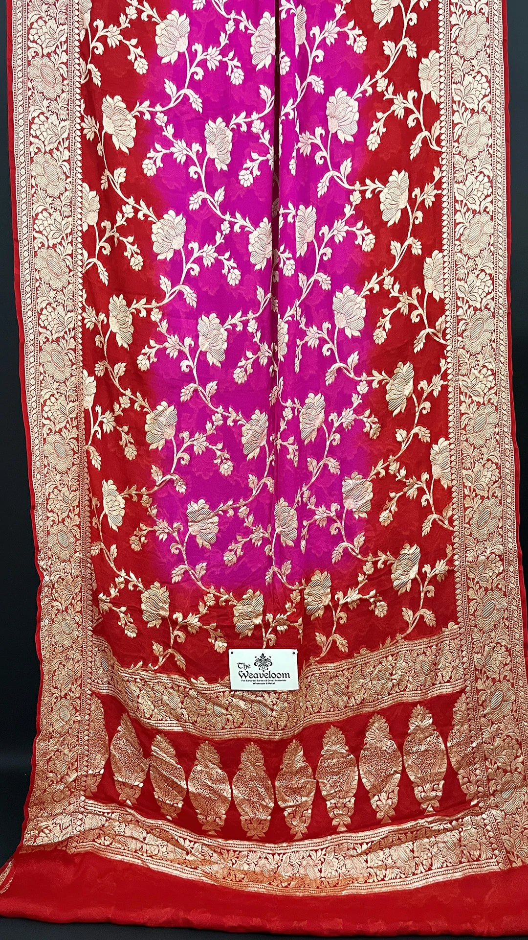 Rani & Red Dual Color Pure Crepe Georgette Banarasi Saree with Golden Zari Floral Jaal Work by The Weaveloom
