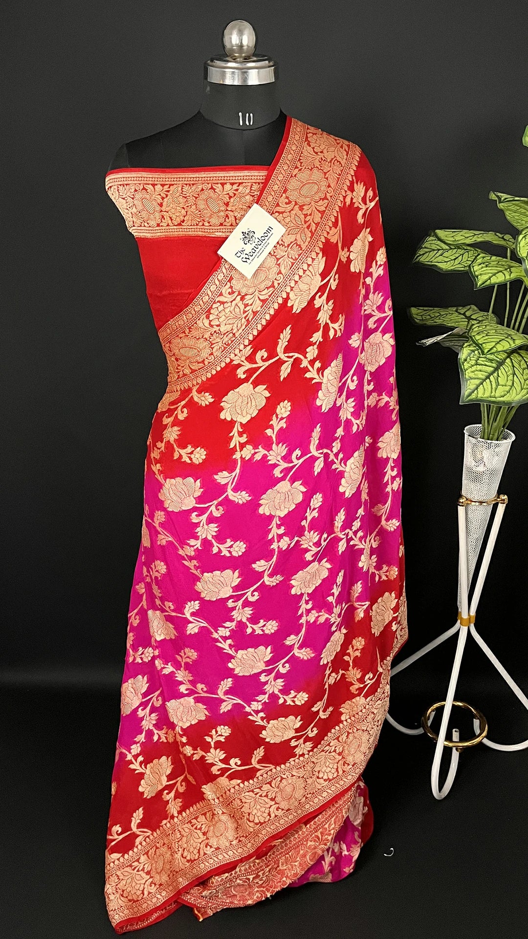 Rani & Red Dual Color Pure Crepe Georgette Banarasi Saree with Golden Zari Floral Jaal Work by The Weaveloom