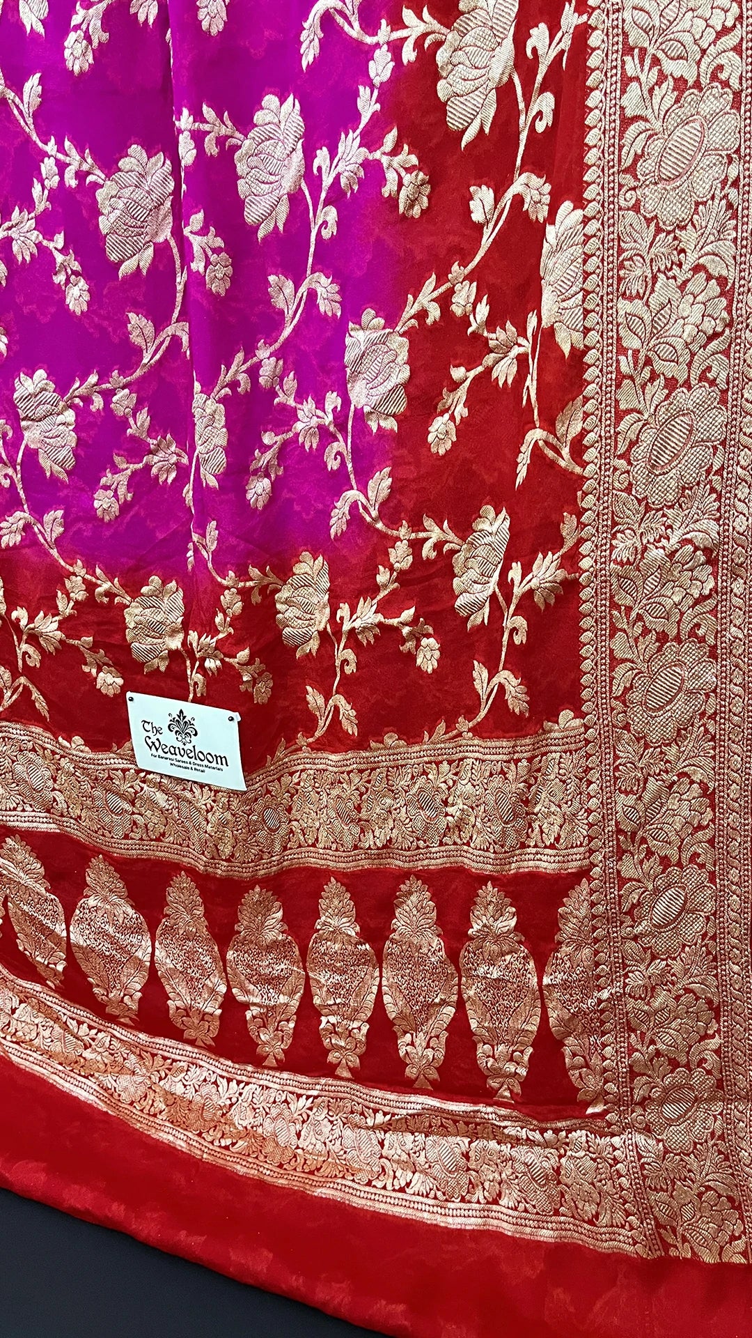 Rani & Red Dual Color Pure Crepe Georgette Banarasi Saree with Golden Zari Floral Jaal Work by The Weaveloom