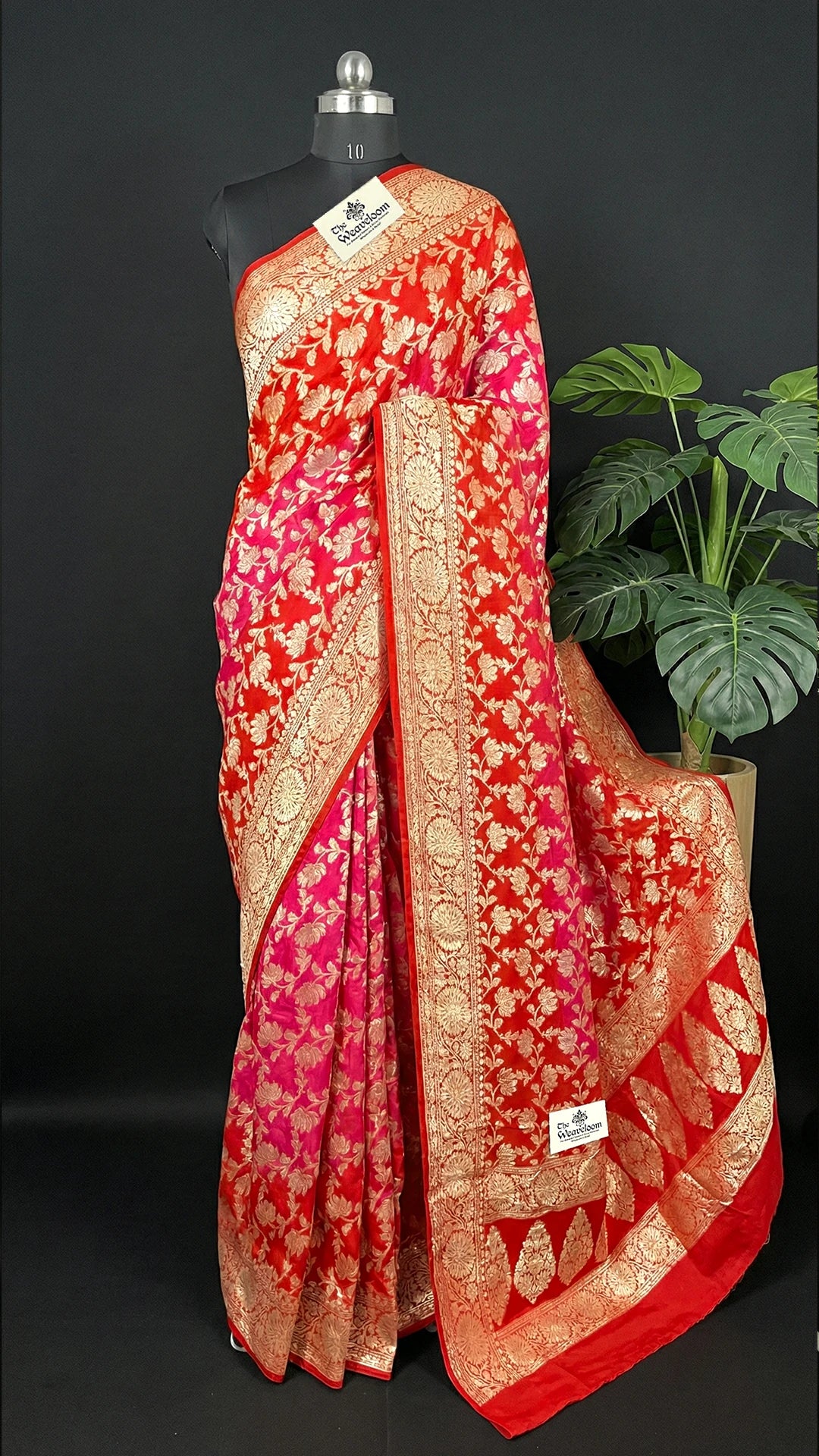 Rani & Red Dual Tone Floral Zari Pure Crepe Georgette Banarasi Saree by The Weaveloom