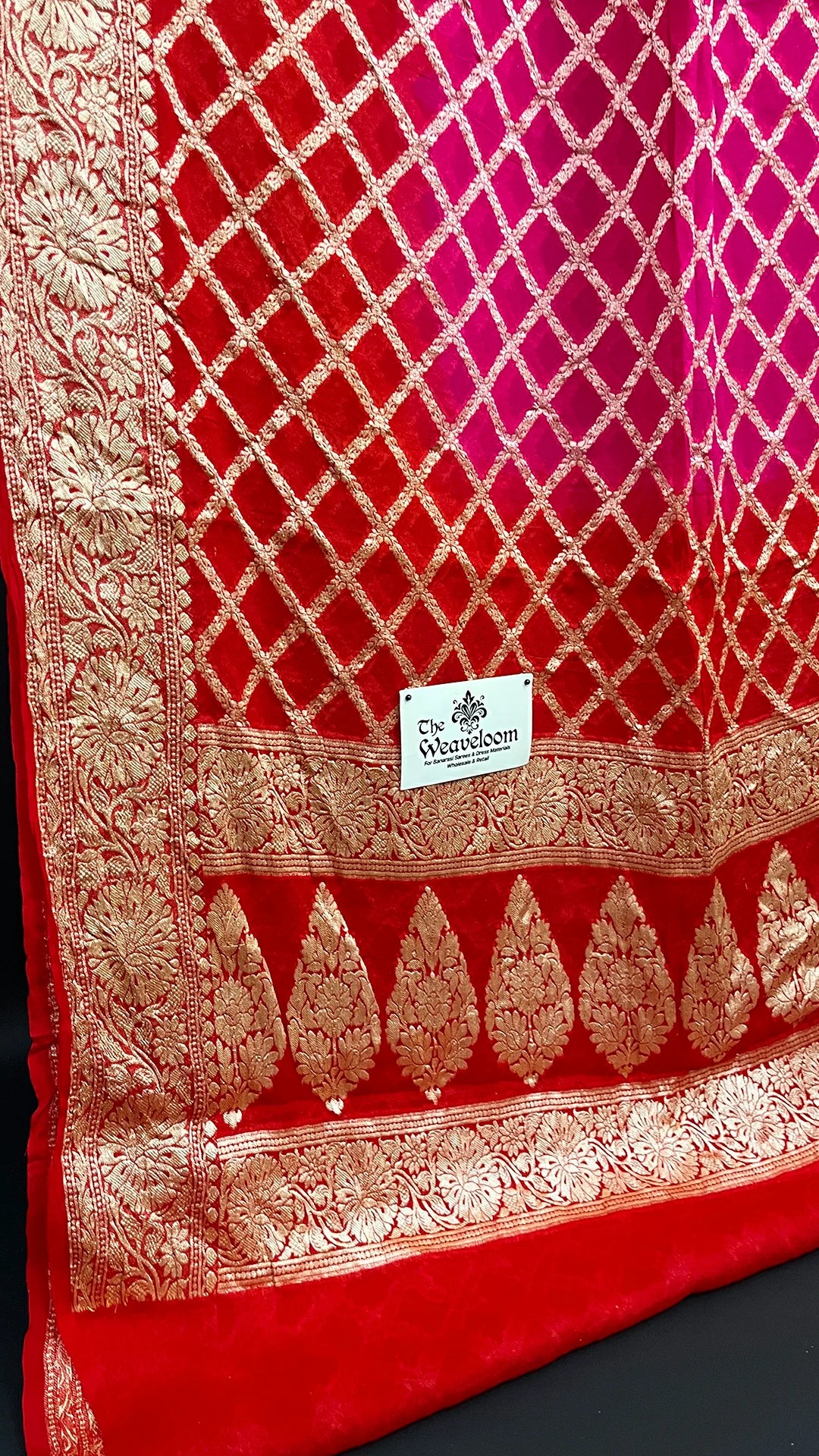 Rani & Red Dual Tone Lattice Zari Work Crepe Georgette Pure Banarasi Saree by The Weaveloom