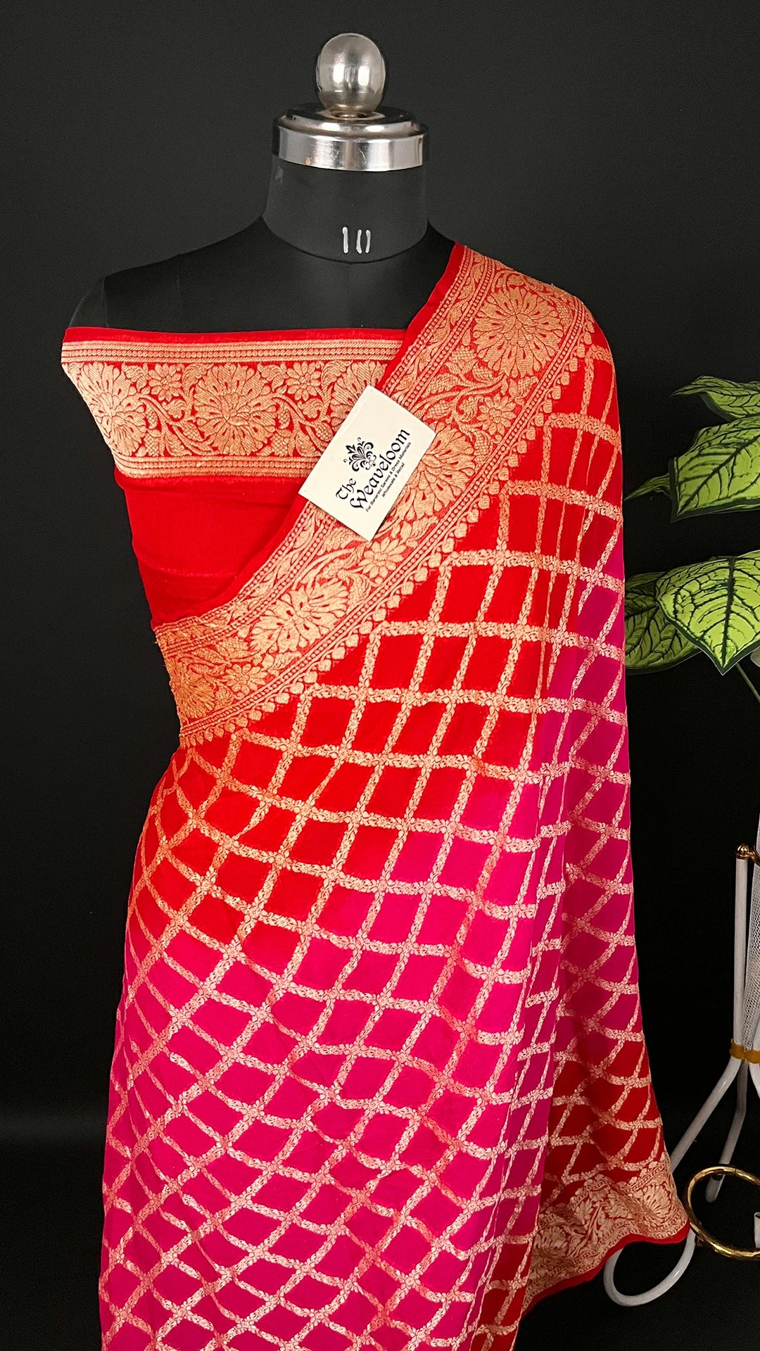 Rani & Red Dual Tone Lattice Zari Work Crepe Georgette Pure Banarasi Saree by The Weaveloom