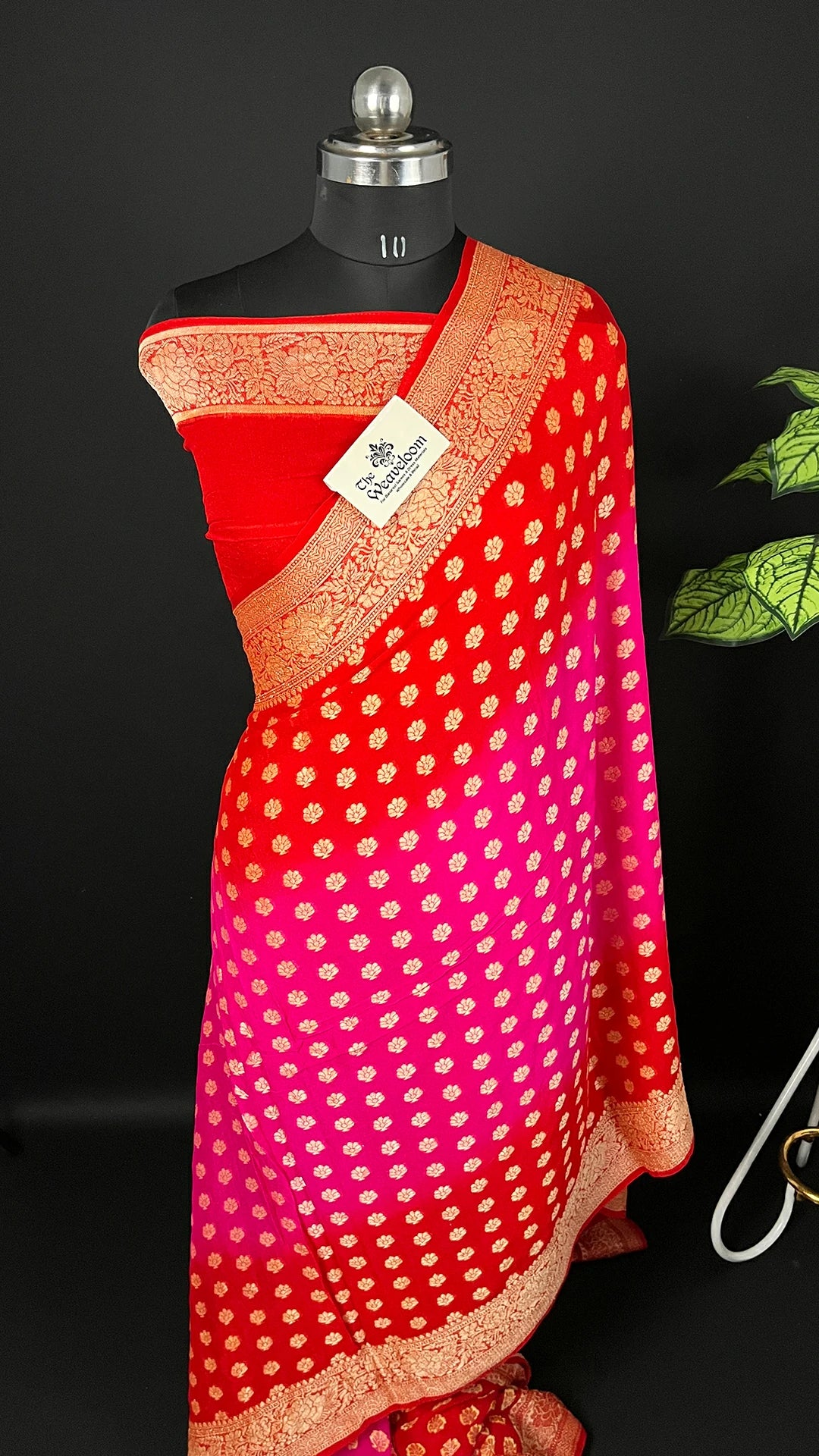 Rani Red Dual Tone Pure Crepe Georgette Banarasi Saree with Golden Zari Booti by The Weaveloom