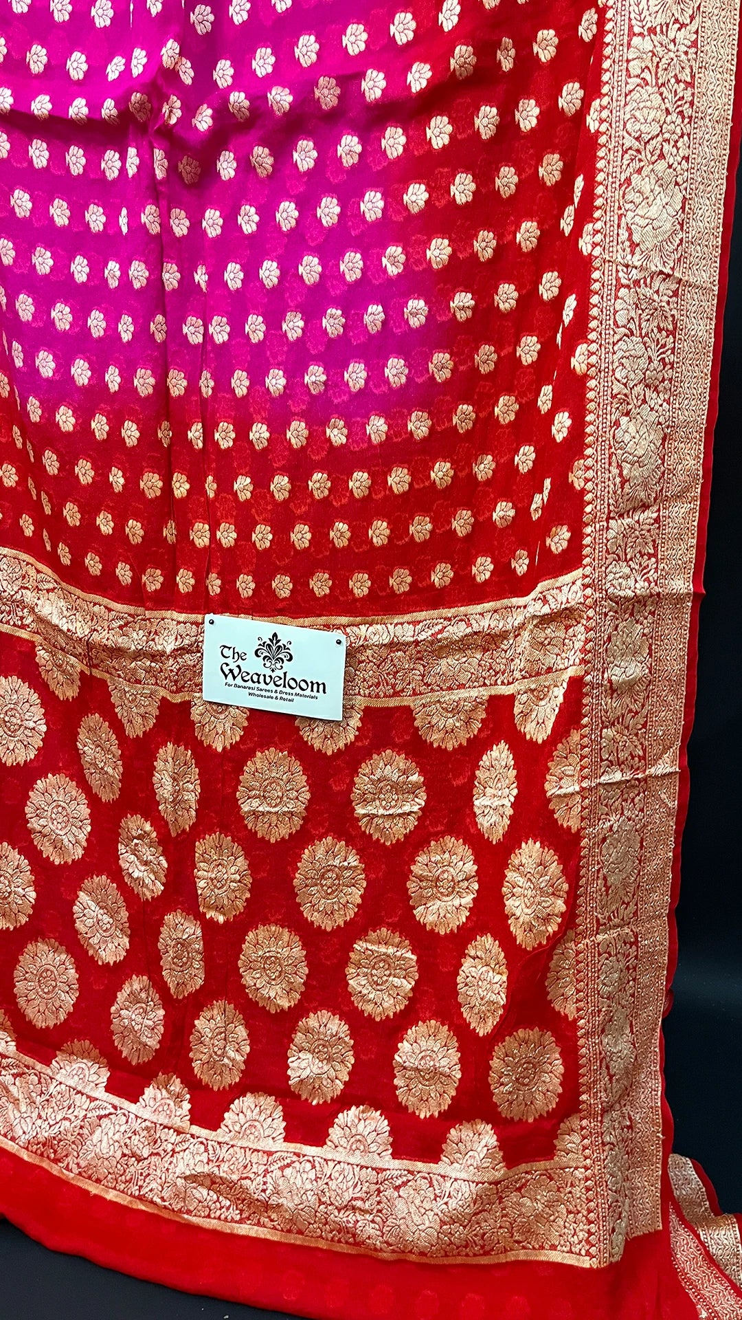 Rani Red Dual Tone Pure Crepe Georgette Banarasi Saree with Golden Zari Booti by The Weaveloom