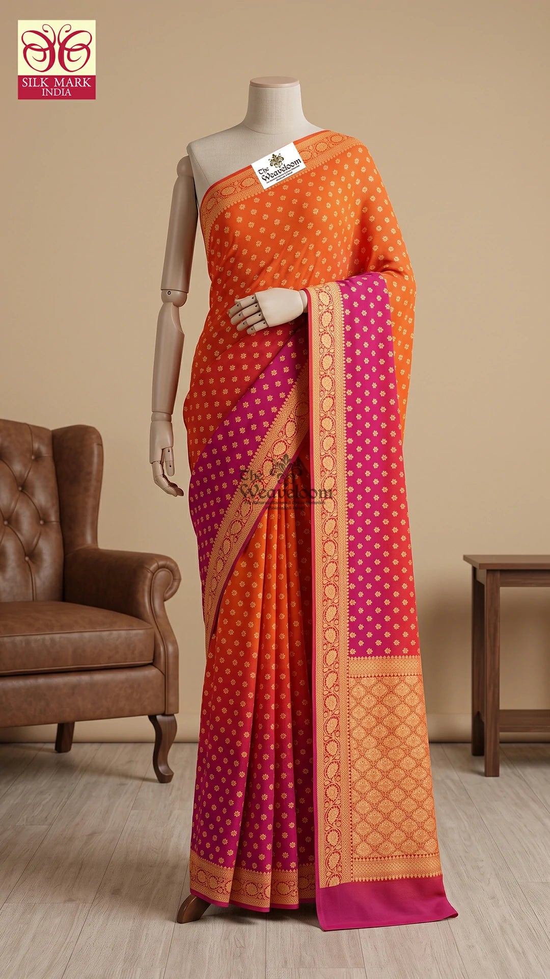 Rani tri-shade purple to orange booti crepe georgette pure Banarasi saree by The Weaveloom